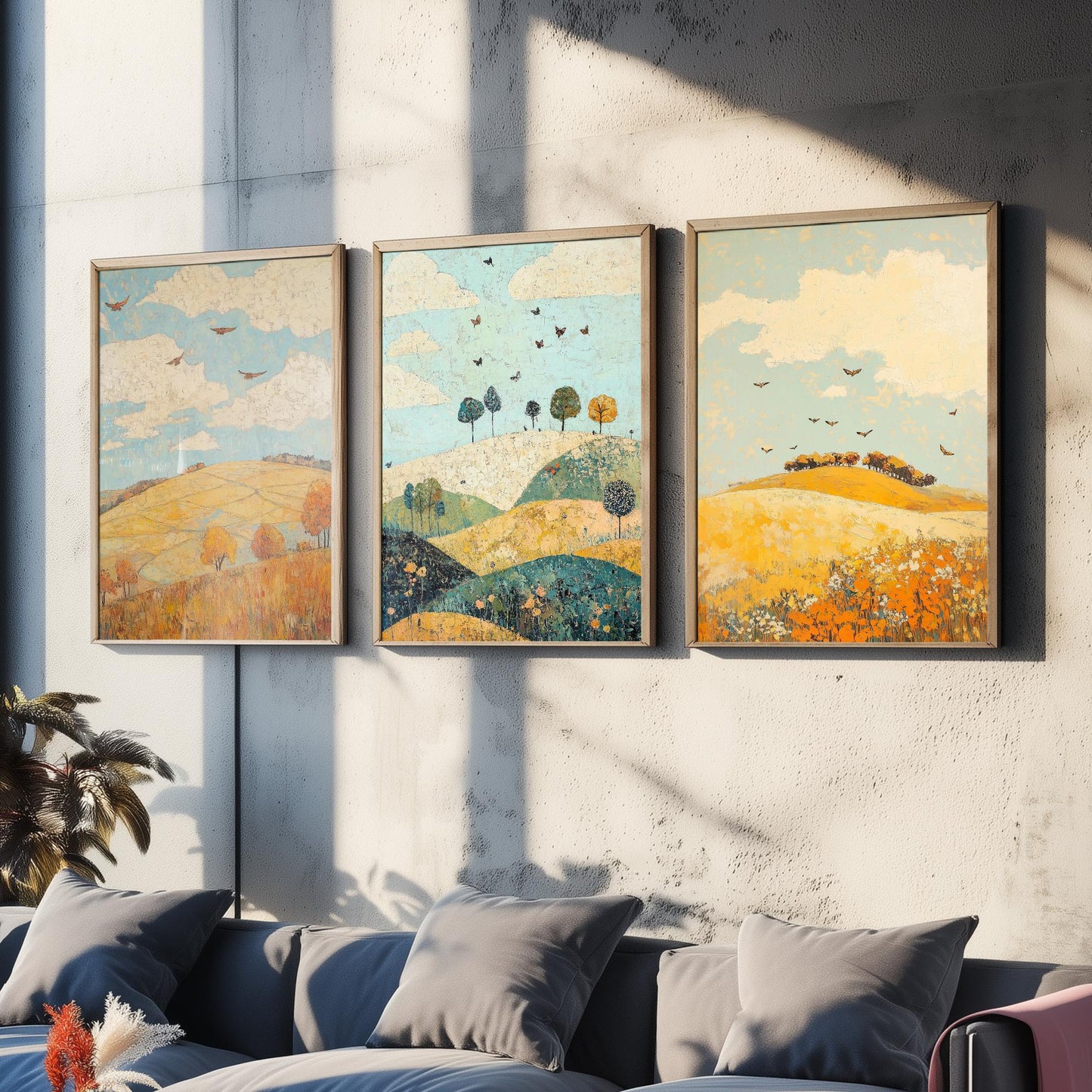 Rolling Hills Butterfly Set of Three Art Prints - Canary Umber and Seafoam - Folk Meadow Poster Illustration Gift