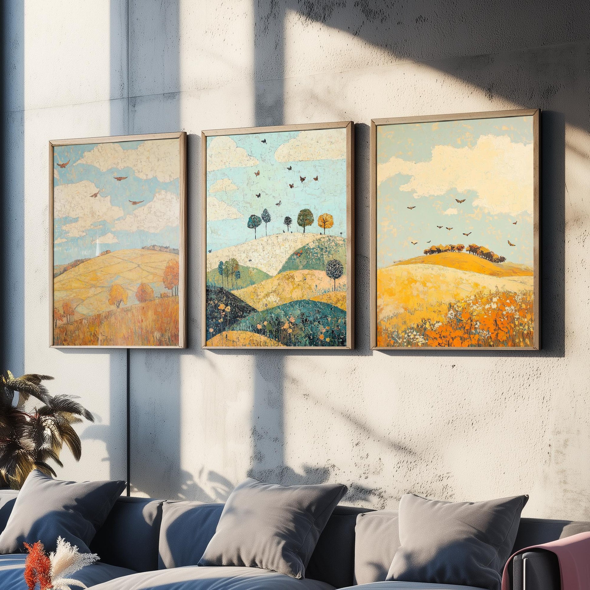 Rolling Hills Butterfly Set of Three Art Prints - Canary Umber and Seafoam - Folk Meadow Poster Illustration Gift