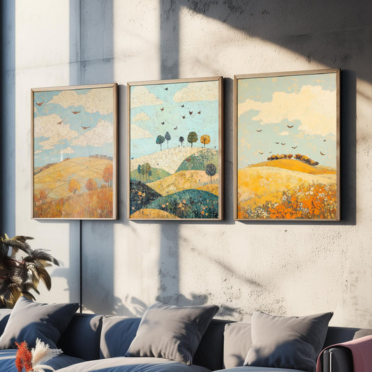 Rolling Hills Butterfly Set of Three Art Prints - Canary Umber and Seafoam - Folk Meadow Poster Illustration Gift