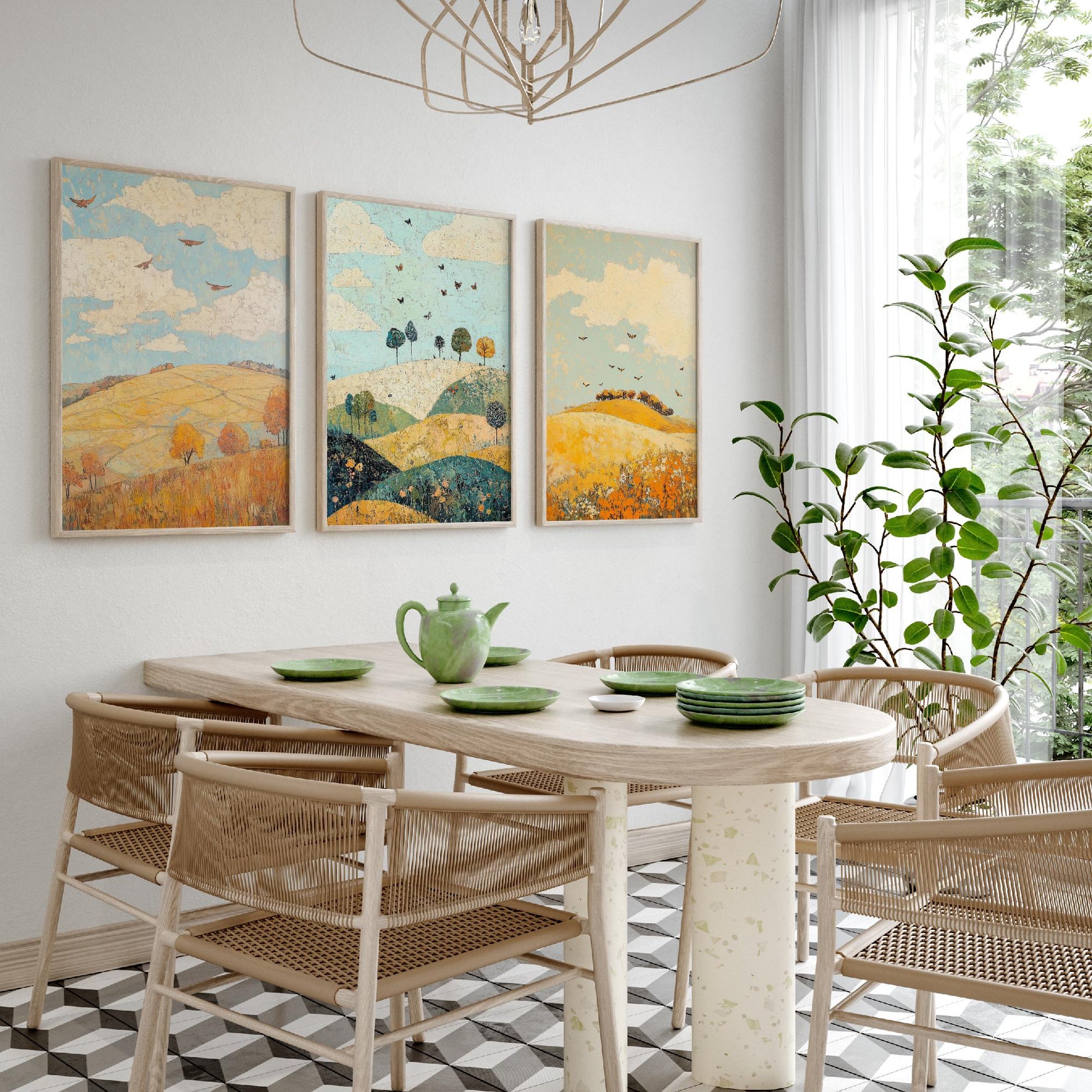 Rolling Hills Butterfly Set of Three Art Prints - Canary Umber and Seafoam - Folk Meadow Poster Illustration Gift
