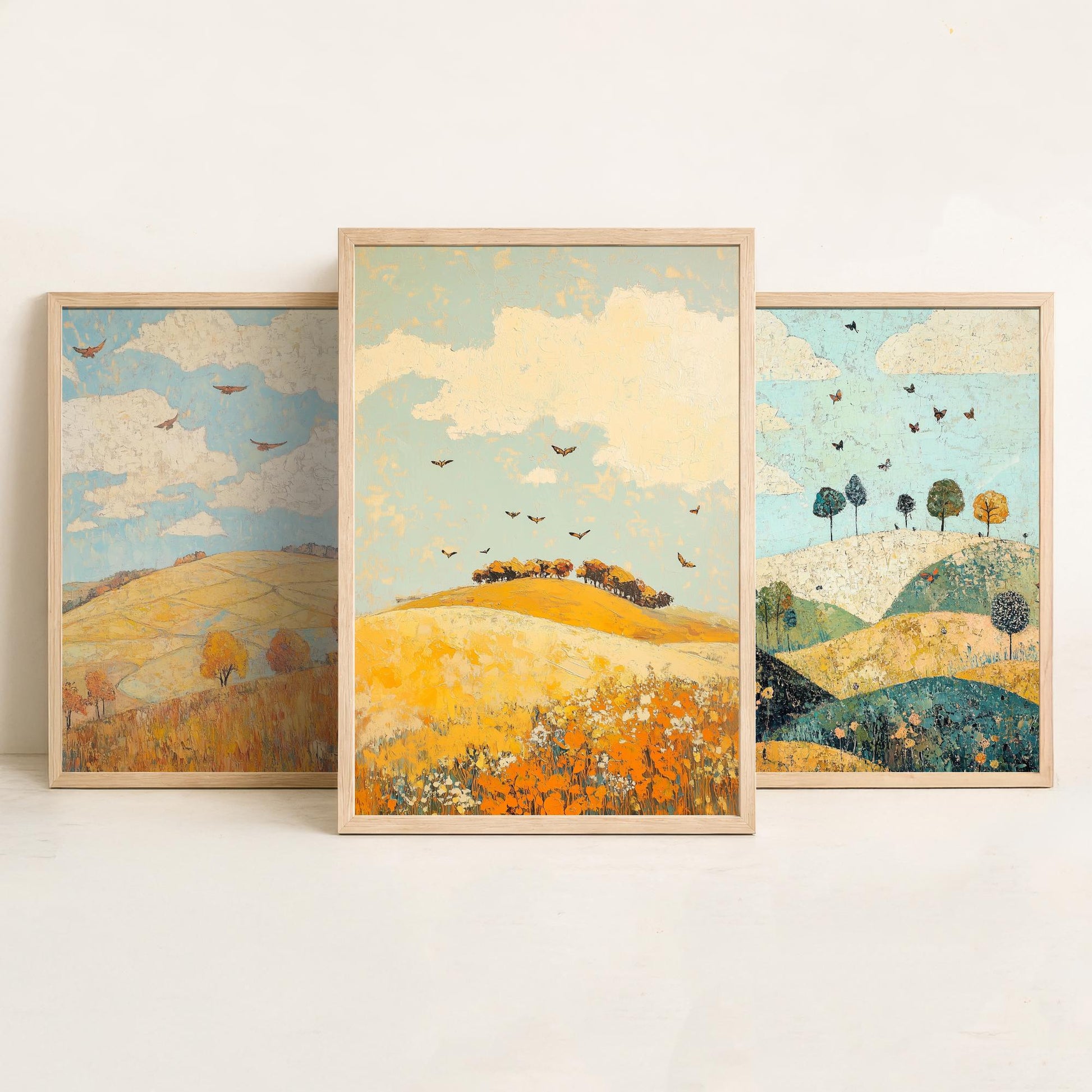 Rolling Hills Butterfly Set of Three Art Prints - Canary Umber and Seafoam - Folk Meadow Poster Illustration Gift