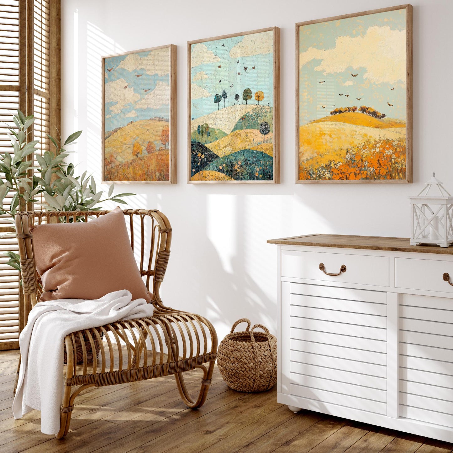 Rolling Hills Butterfly Set of Three Art Prints - Canary Umber and Seafoam - Folk Meadow Poster Illustration Gift