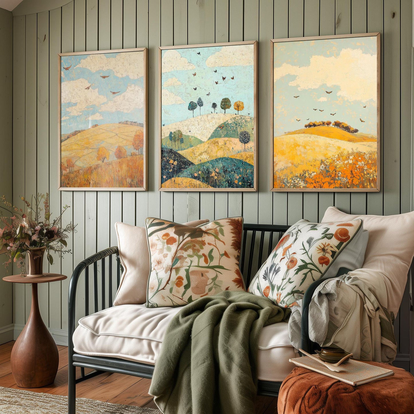 Rolling Hills Butterfly Set of Three Art Prints - Canary Umber and Seafoam - Folk Meadow Poster Illustration Gift
