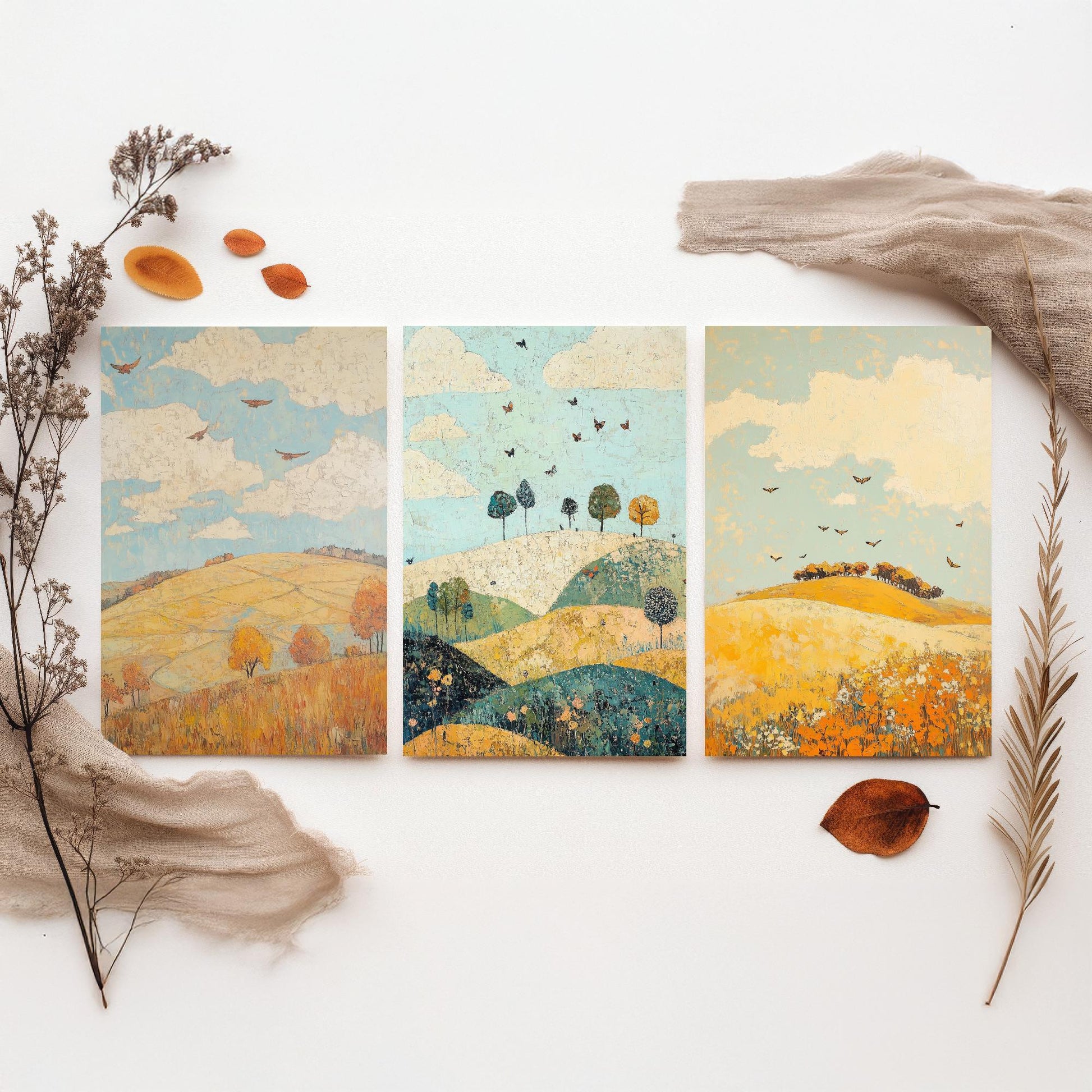 Rolling Hills Butterfly Set of Three Art Prints - Canary Umber and Seafoam - Folk Meadow Poster Illustration Gift