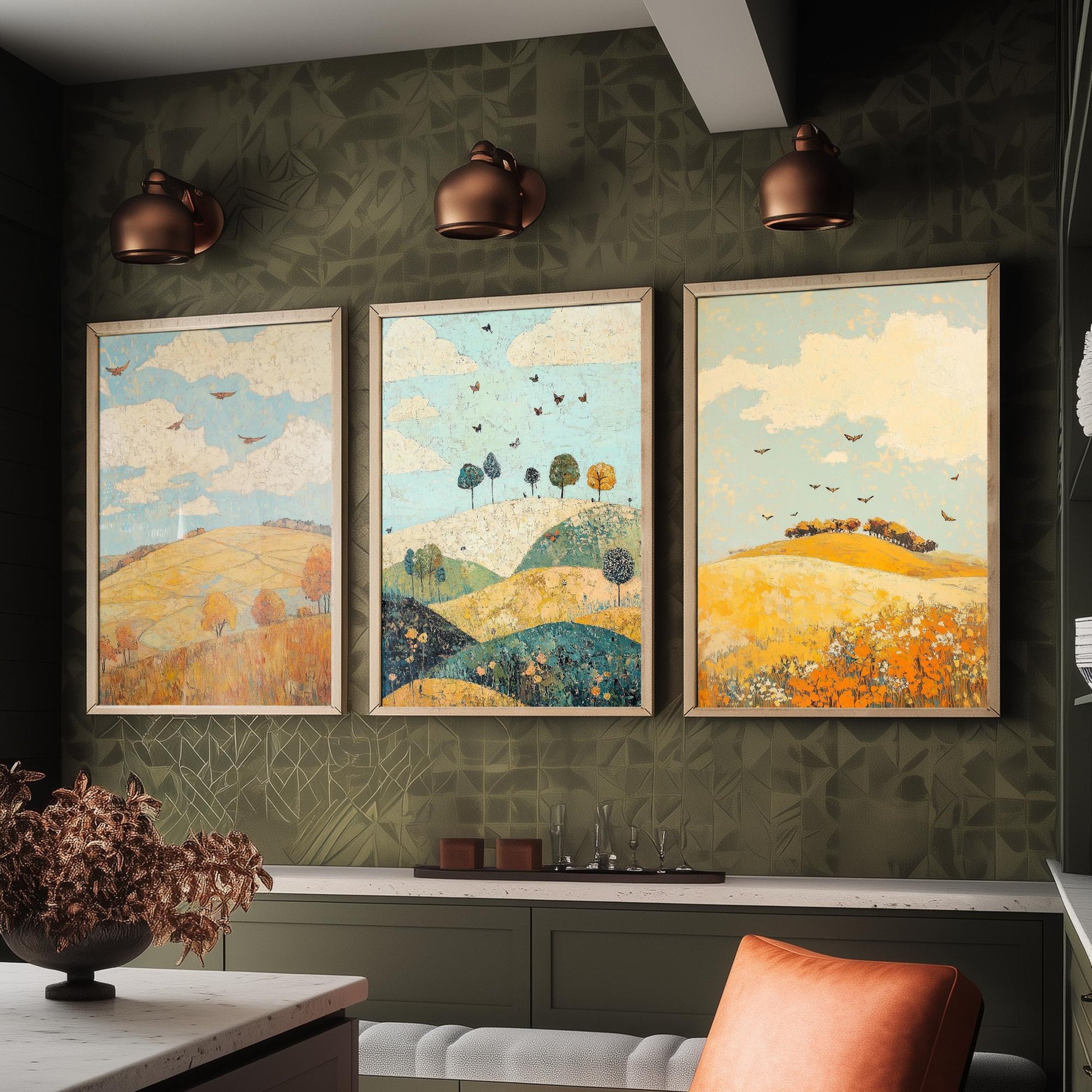 Rolling Hills Butterfly Set of Three Art Prints - Canary Umber and Seafoam - Folk Meadow Poster Illustration Gift