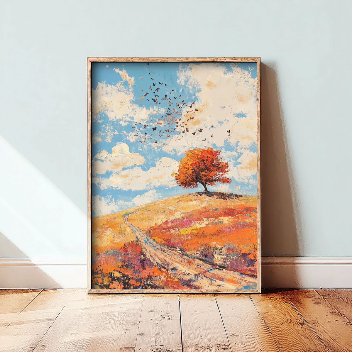Rolling Hills Landscape Art Print - Butterfly Meadow Poster - Folk Art Painting - Carnelian Azure and Ash 1/3