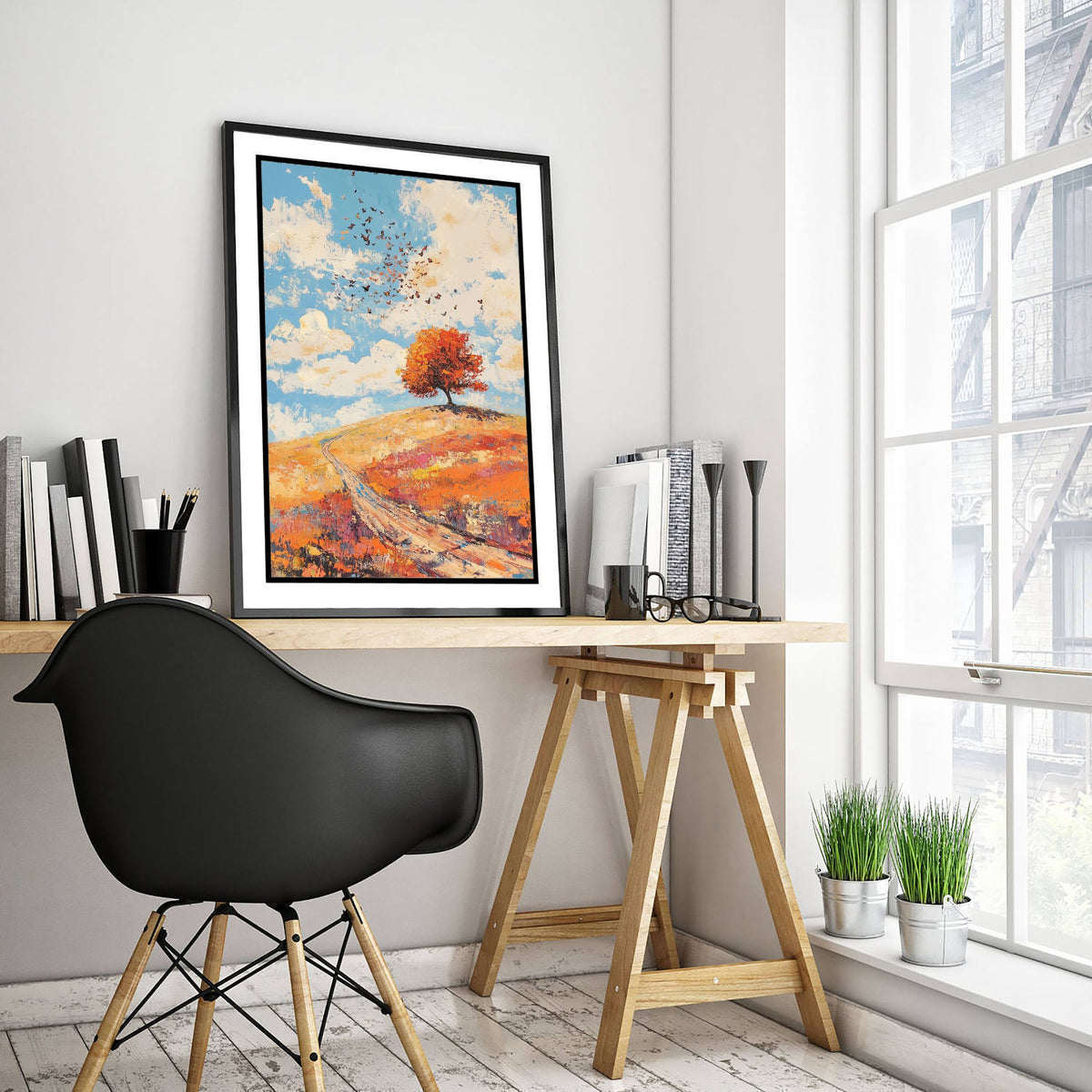 Rolling Hills Landscape Art Print - Butterfly Meadow Poster - Folk Art Painting - Carnelian Azure and Ash 1/3