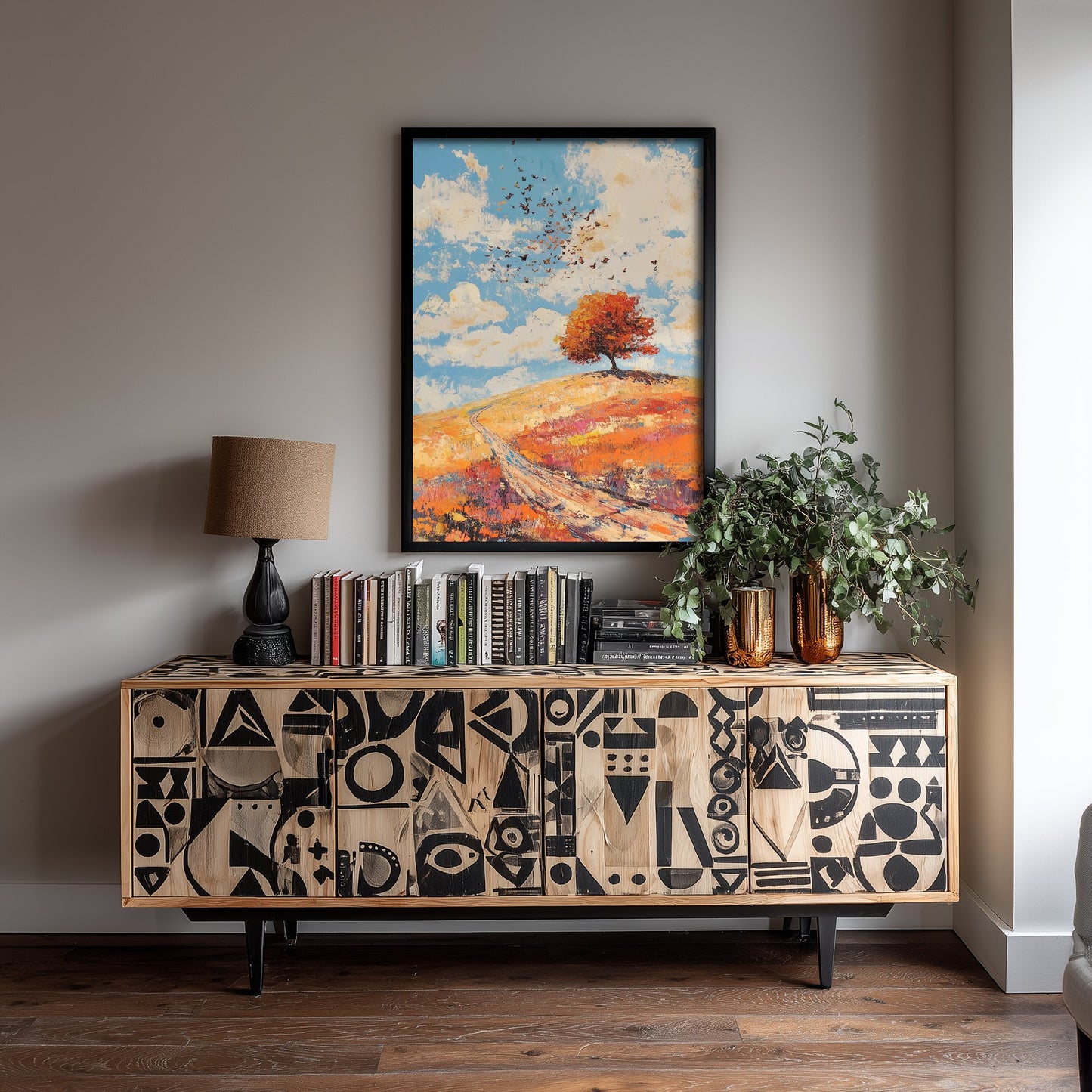 Rolling Hills Landscape Art Print - Butterfly Meadow Poster - Folk Art Painting - Carnelian Azure and Ash 1/3