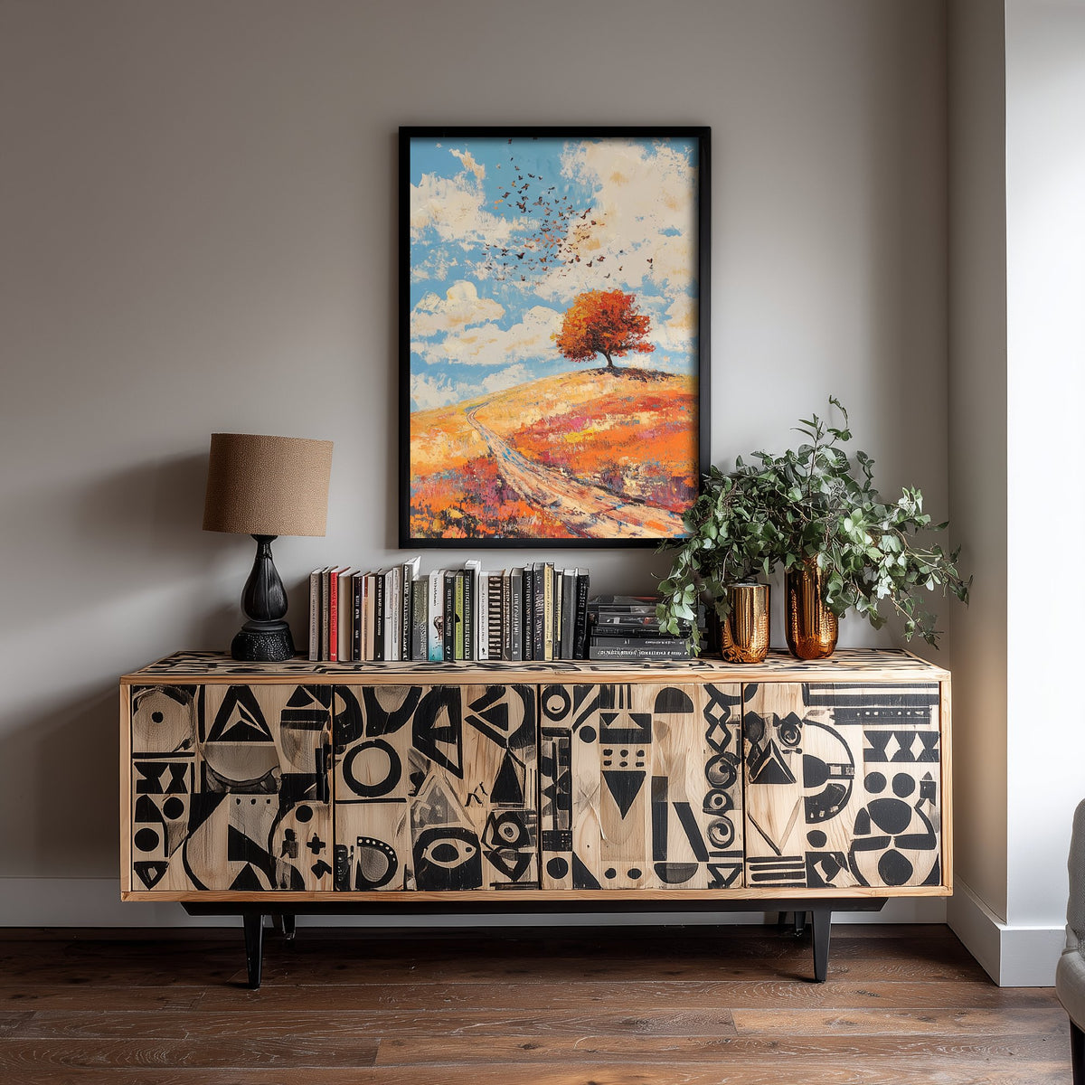 Rolling Hills Landscape Art Print - Butterfly Meadow Poster - Folk Art Painting - Carnelian Azure and Ash 1/3