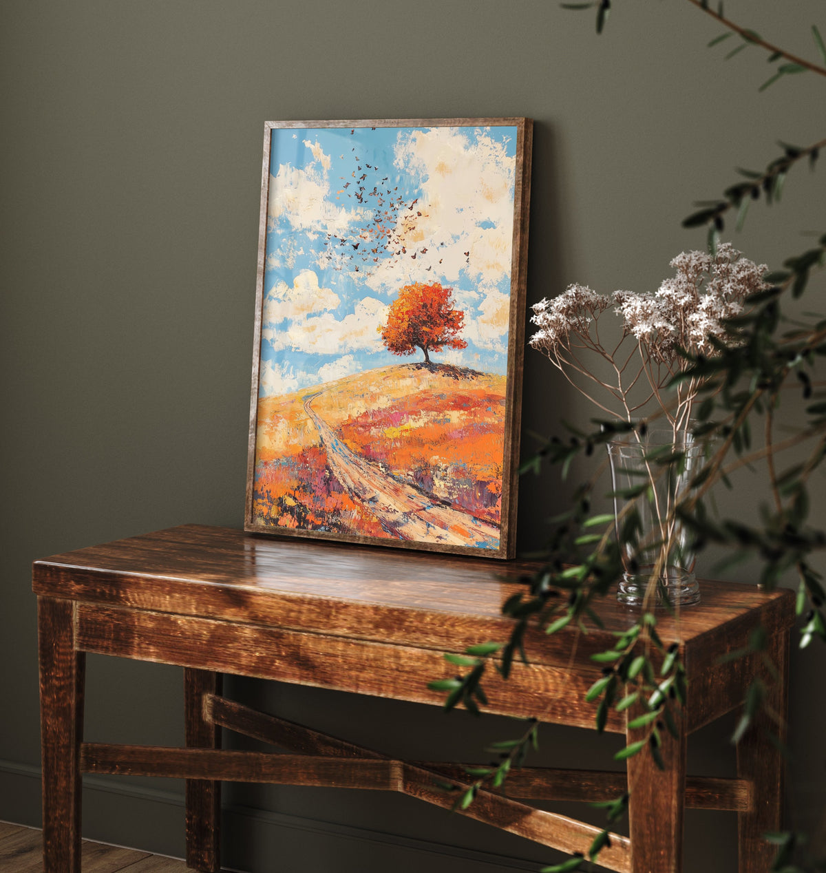 Rolling Hills Landscape Art Print - Butterfly Meadow Poster - Folk Art Painting - Carnelian Azure and Ash 1/3