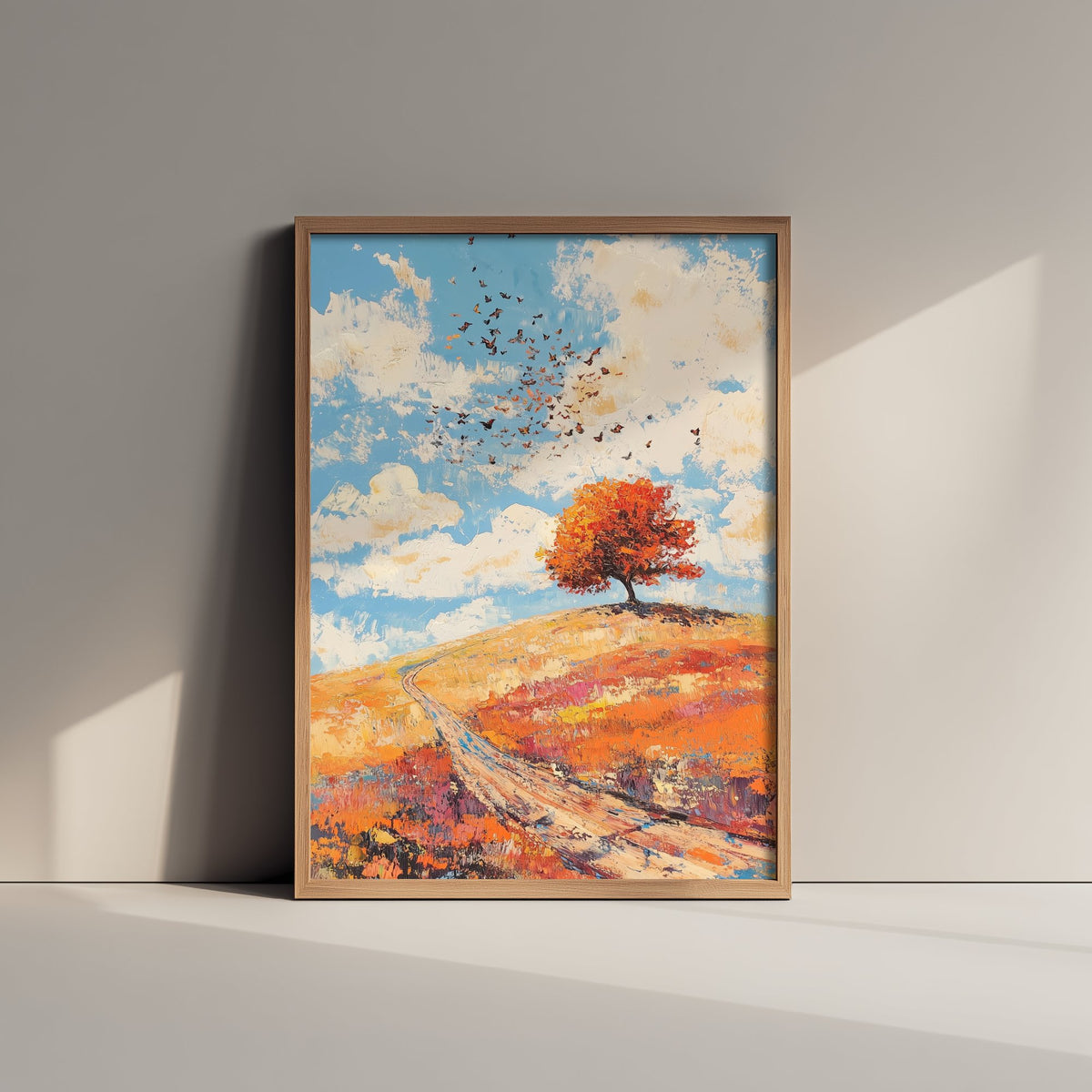 Rolling Hills Landscape Art Print - Butterfly Meadow Poster - Folk Art Painting - Carnelian Azure and Ash 1/3