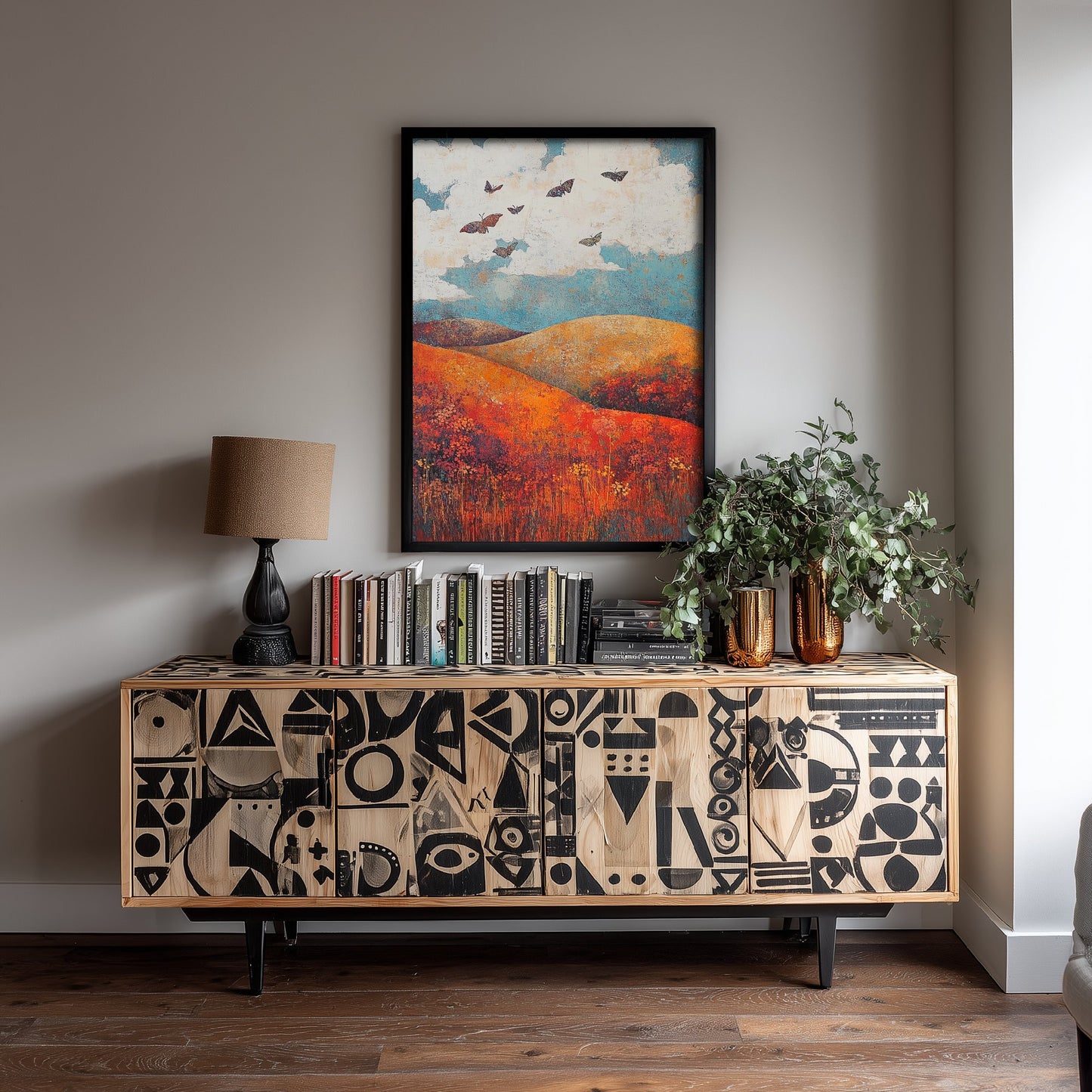 Rolling Hills Landscape Art Print - Butterfly Meadow Poster - Folk Art Painting - Carnelian Azure and Ash 2/3