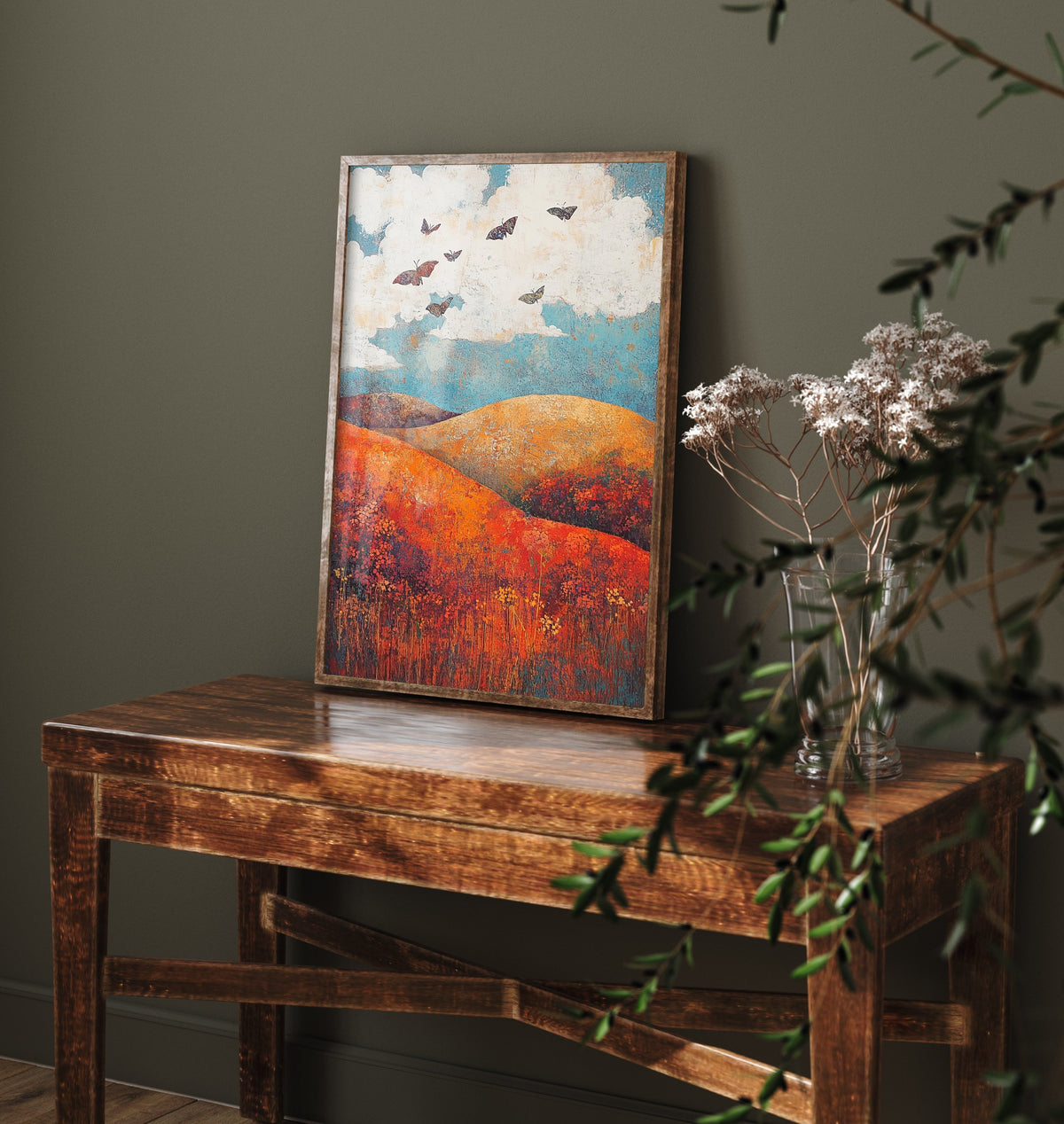 Rolling Hills Landscape Art Print - Butterfly Meadow Poster - Folk Art Painting - Carnelian Azure and Ash 2/3