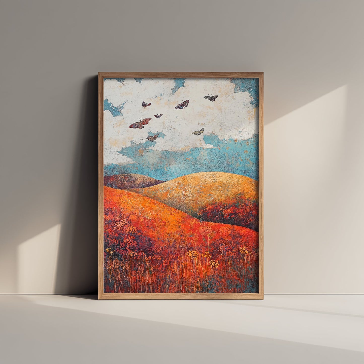 Rolling Hills Landscape Art Print - Butterfly Meadow Poster - Folk Art Painting - Carnelian Azure and Ash 2/3