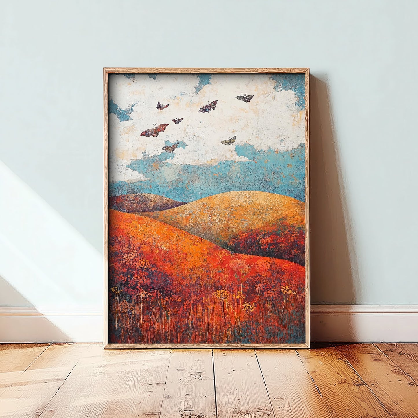 Rolling Hills Landscape Art Print - Butterfly Meadow Poster - Folk Art Painting - Carnelian Azure and Ash 2/3