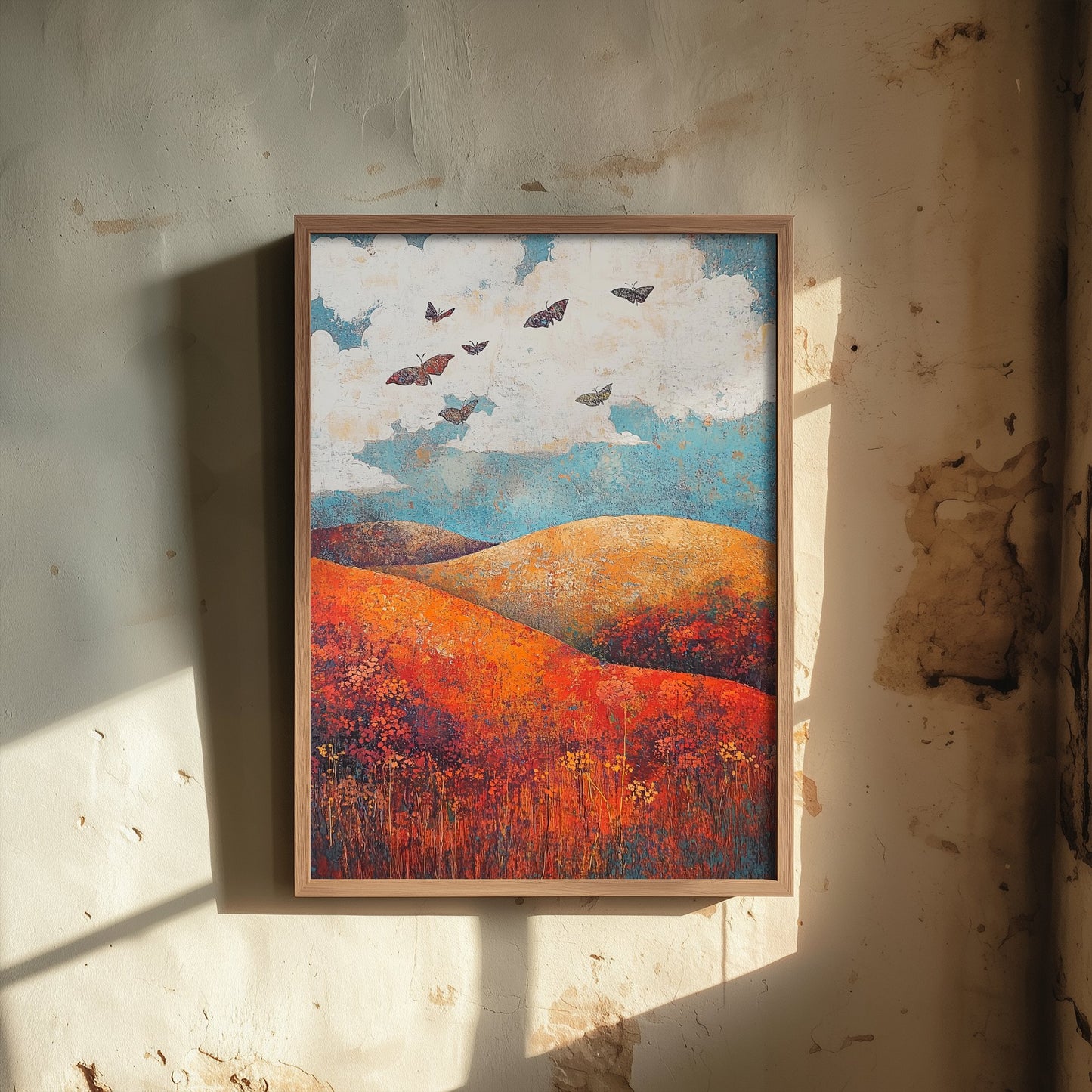 Rolling Hills Landscape Art Print - Butterfly Meadow Poster - Folk Art Painting - Carnelian Azure and Ash 2/3