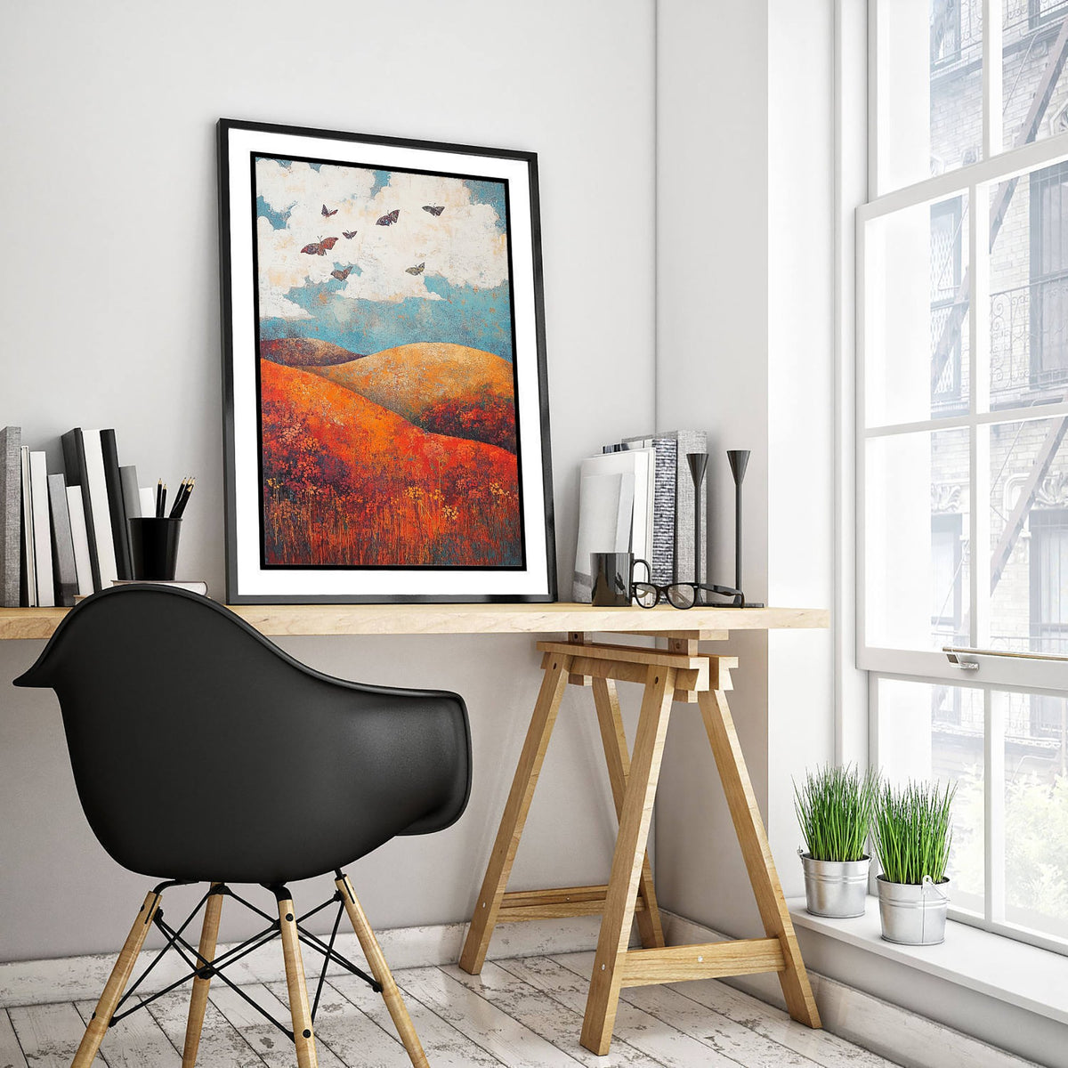 Rolling Hills Landscape Art Print - Butterfly Meadow Poster - Folk Art Painting - Carnelian Azure and Ash 2/3