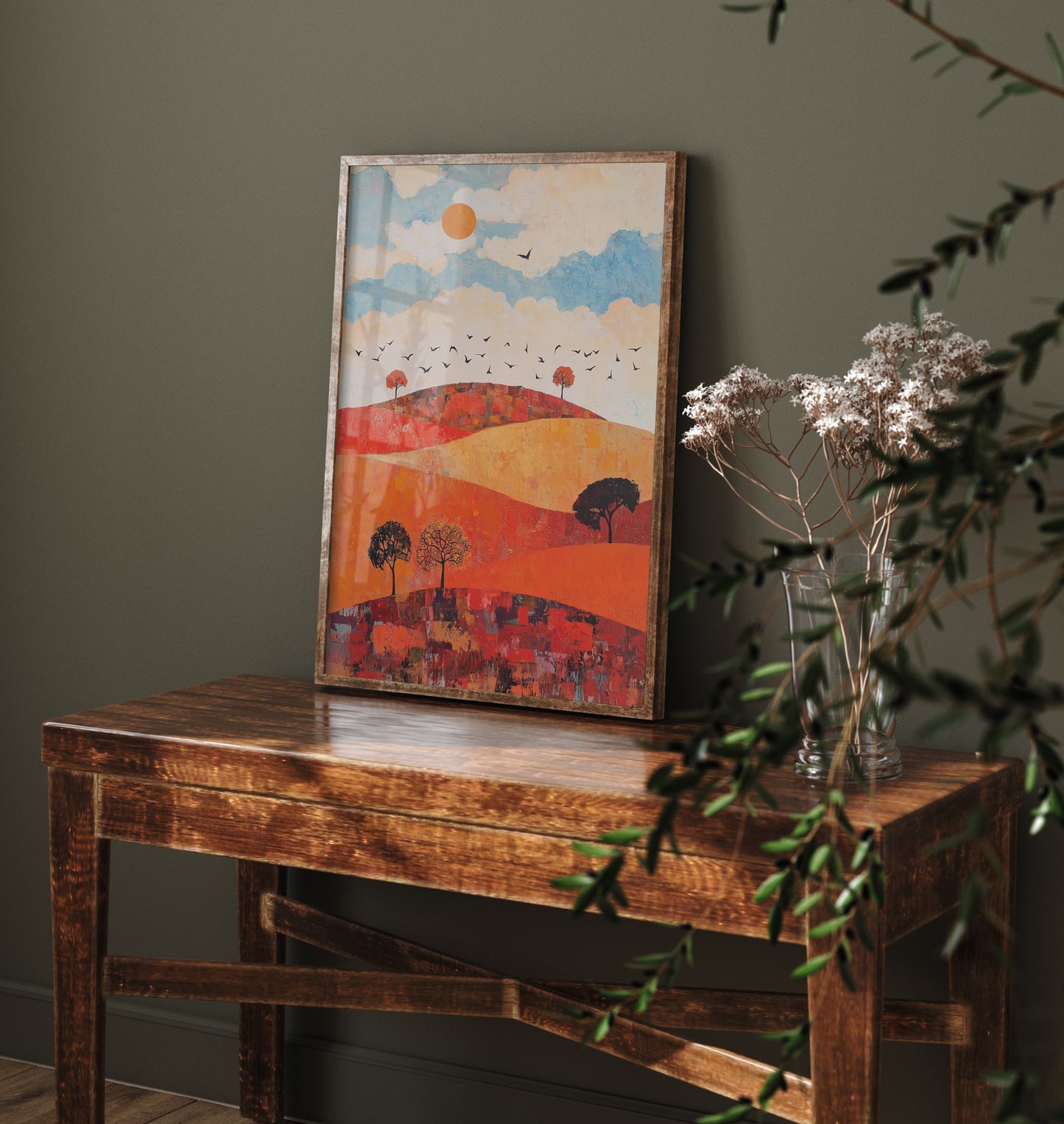 Rolling Hills Landscape Art Print - Butterfly Meadow Poster - Folk Art Painting - Carnelian Azure and Ash 3/3