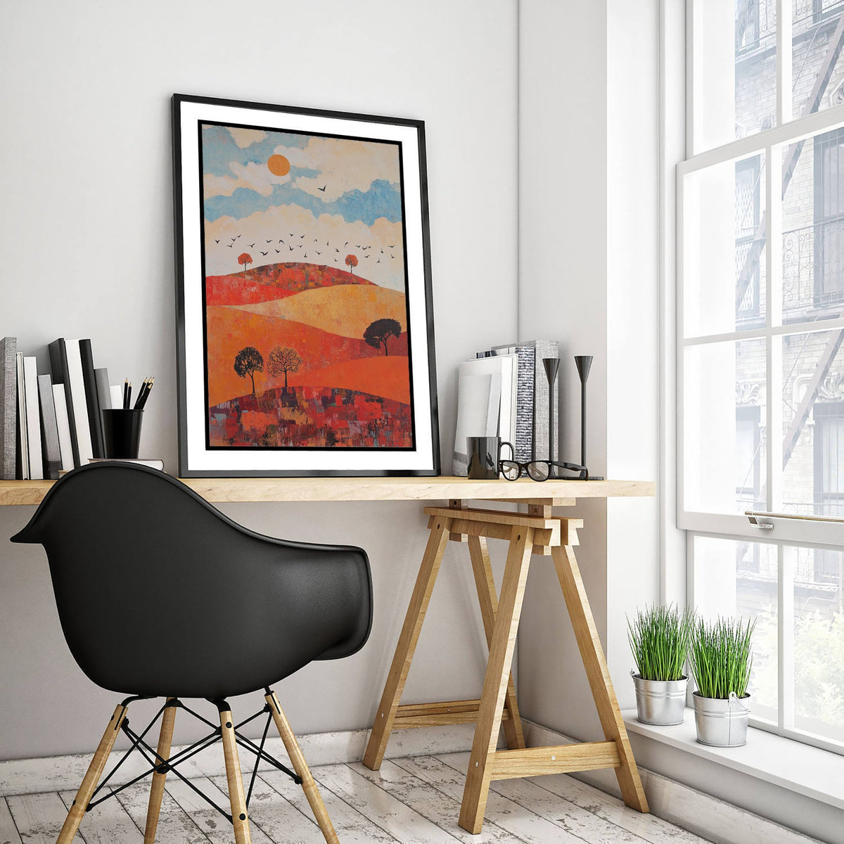 Rolling Hills Landscape Art Print - Butterfly Meadow Poster - Folk Art Painting - Carnelian Azure and Ash 3/3