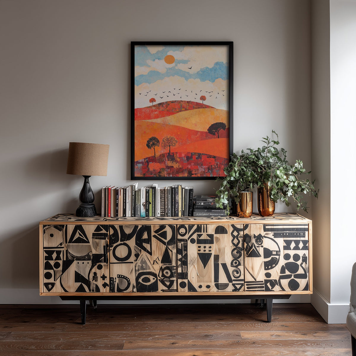 Rolling Hills Landscape Art Print - Butterfly Meadow Poster - Folk Art Painting - Carnelian Azure and Ash 3/3