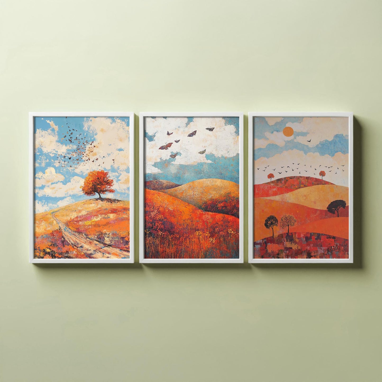 Rolling Hills Butterfly Set of Three Art Prints - Carnelian Azure and Ash - Folk Meadow Poster Illustration Gift
