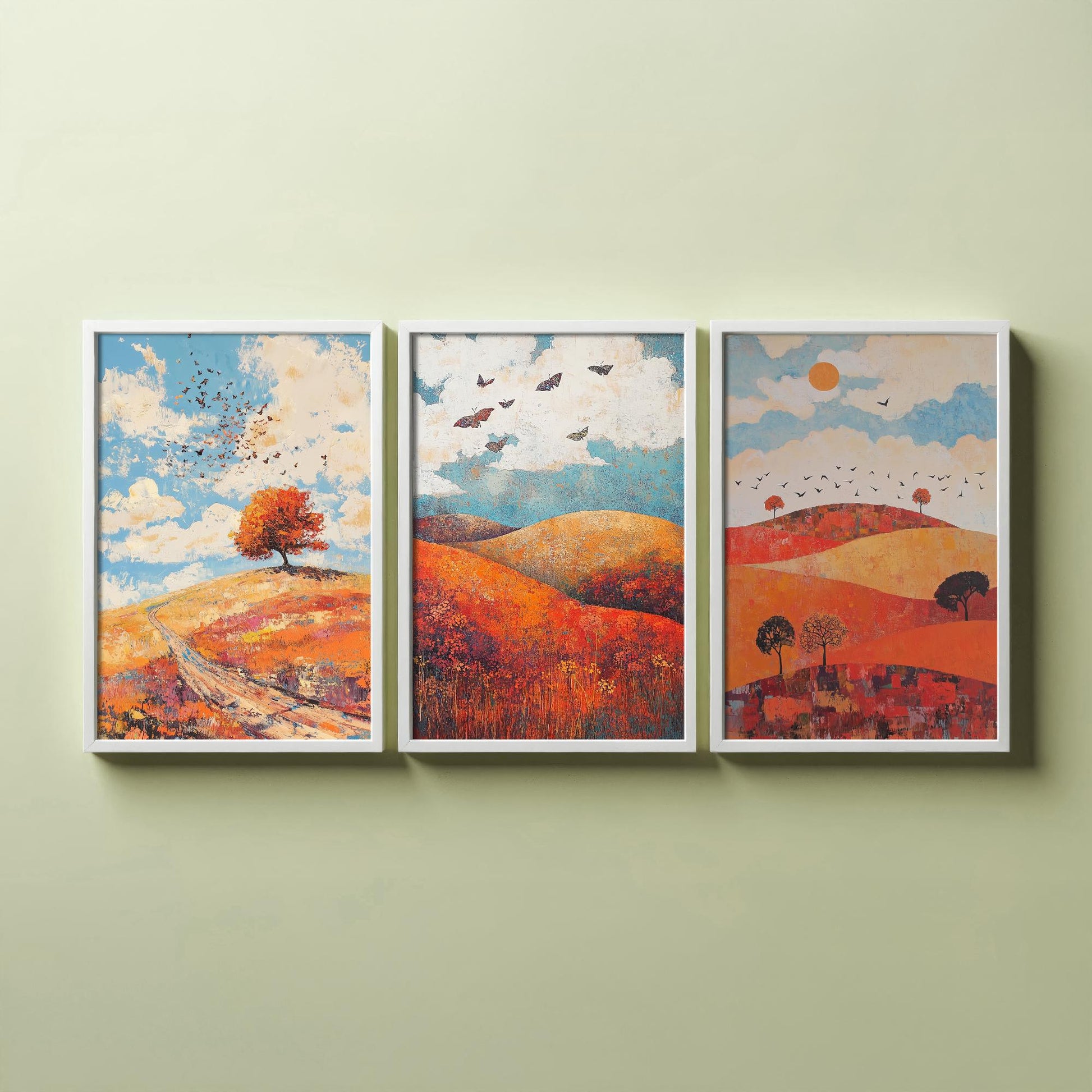 Rolling Hills Butterfly Set of Three Art Prints - Carnelian Azure and Ash - Folk Meadow Poster Illustration Gift