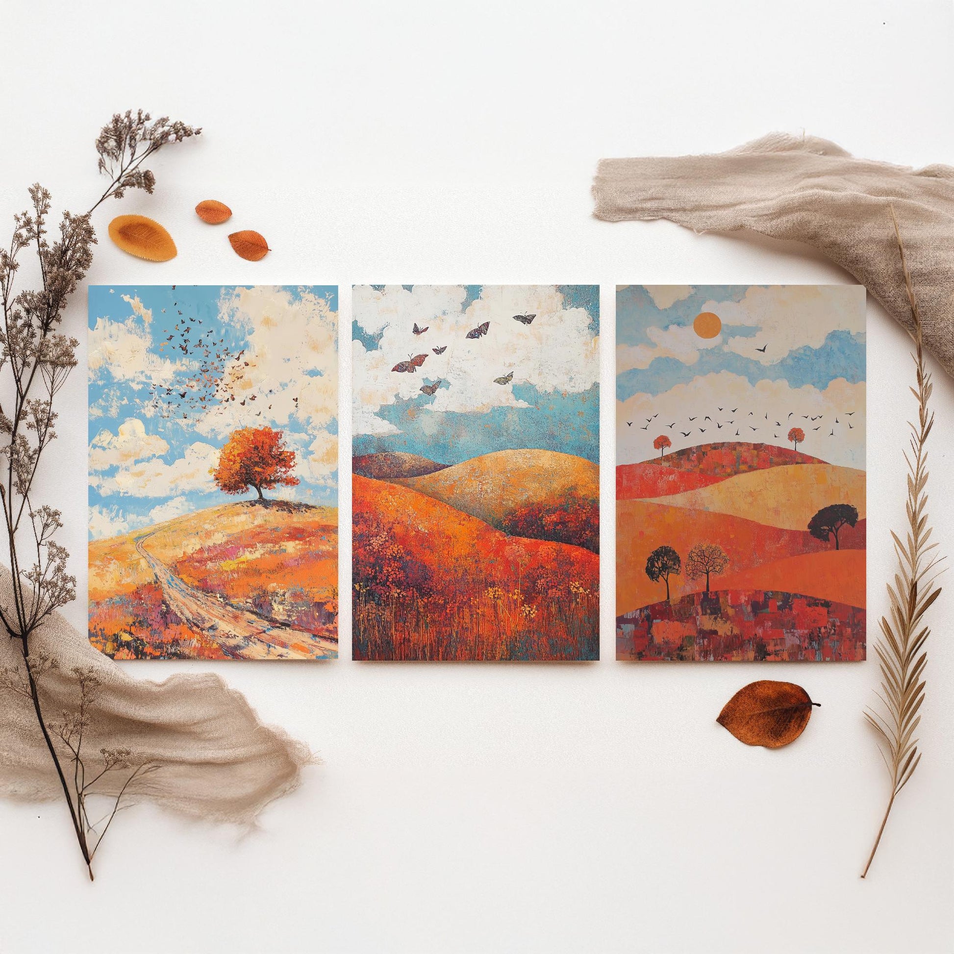 Rolling Hills Butterfly Set of Three Art Prints - Carnelian Azure and Ash - Folk Meadow Poster Illustration Gift
