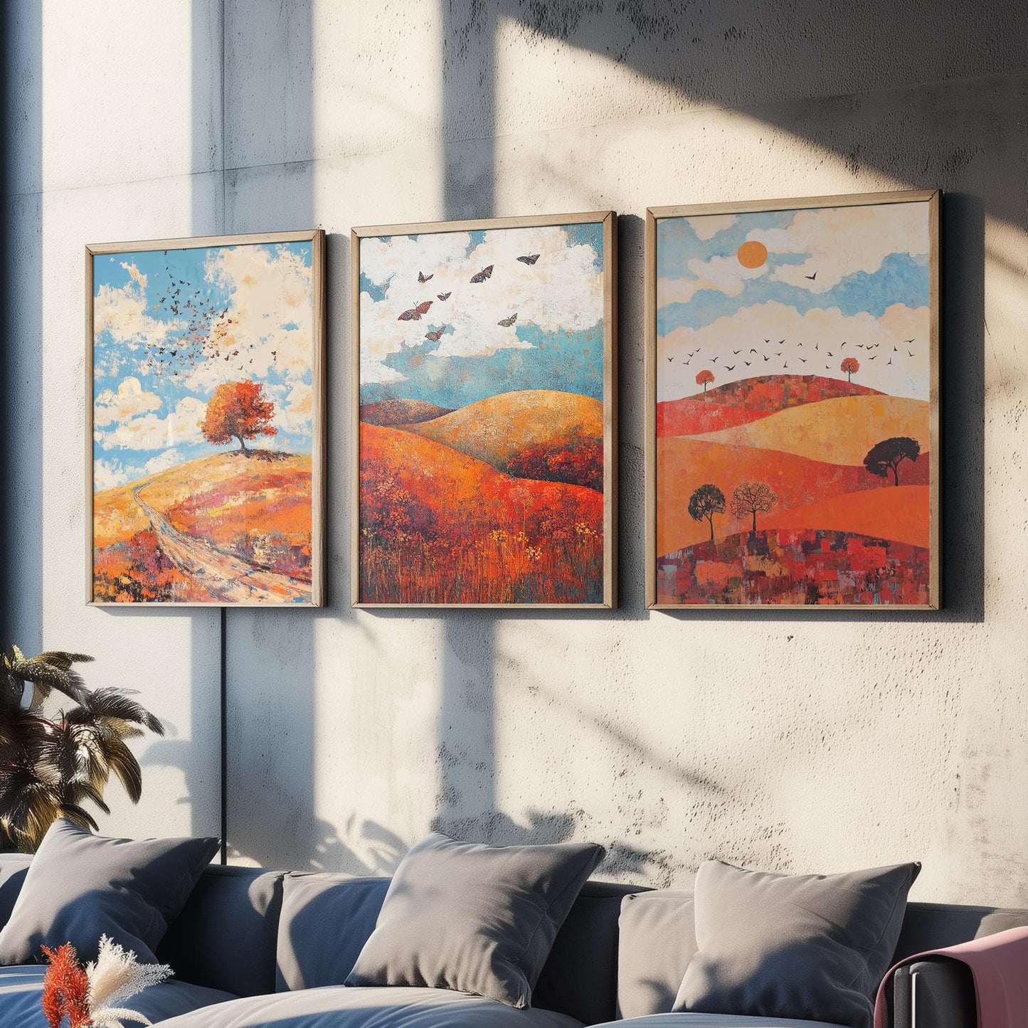 Rolling Hills Butterfly Set of Three Art Prints - Carnelian Azure and Ash - Folk Meadow Poster Illustration Gift