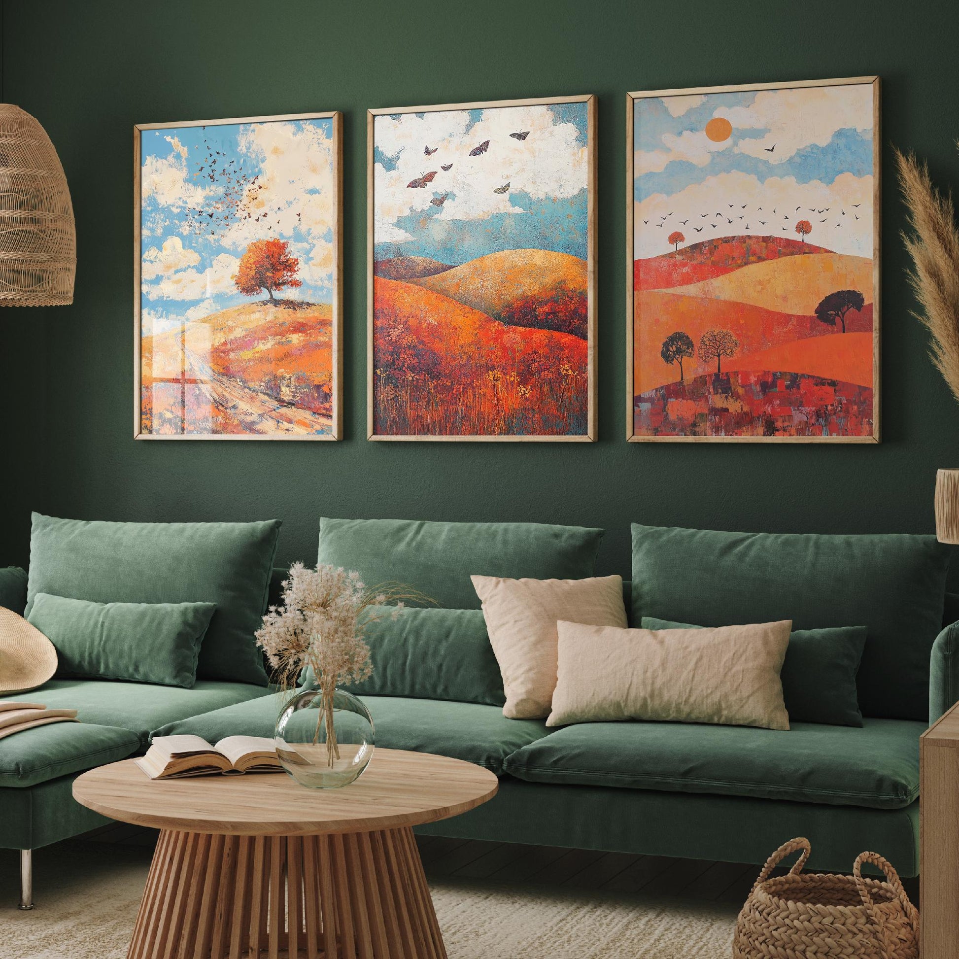 Rolling Hills Butterfly Set of Three Art Prints - Carnelian Azure and Ash - Folk Meadow Poster Illustration Gift