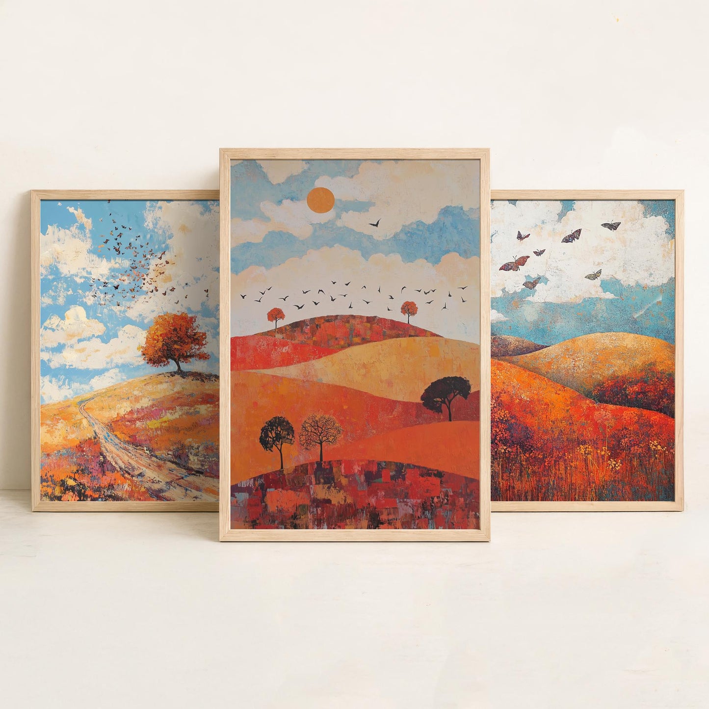 Rolling Hills Butterfly Set of Three Art Prints - Carnelian Azure and Ash - Folk Meadow Poster Illustration Gift