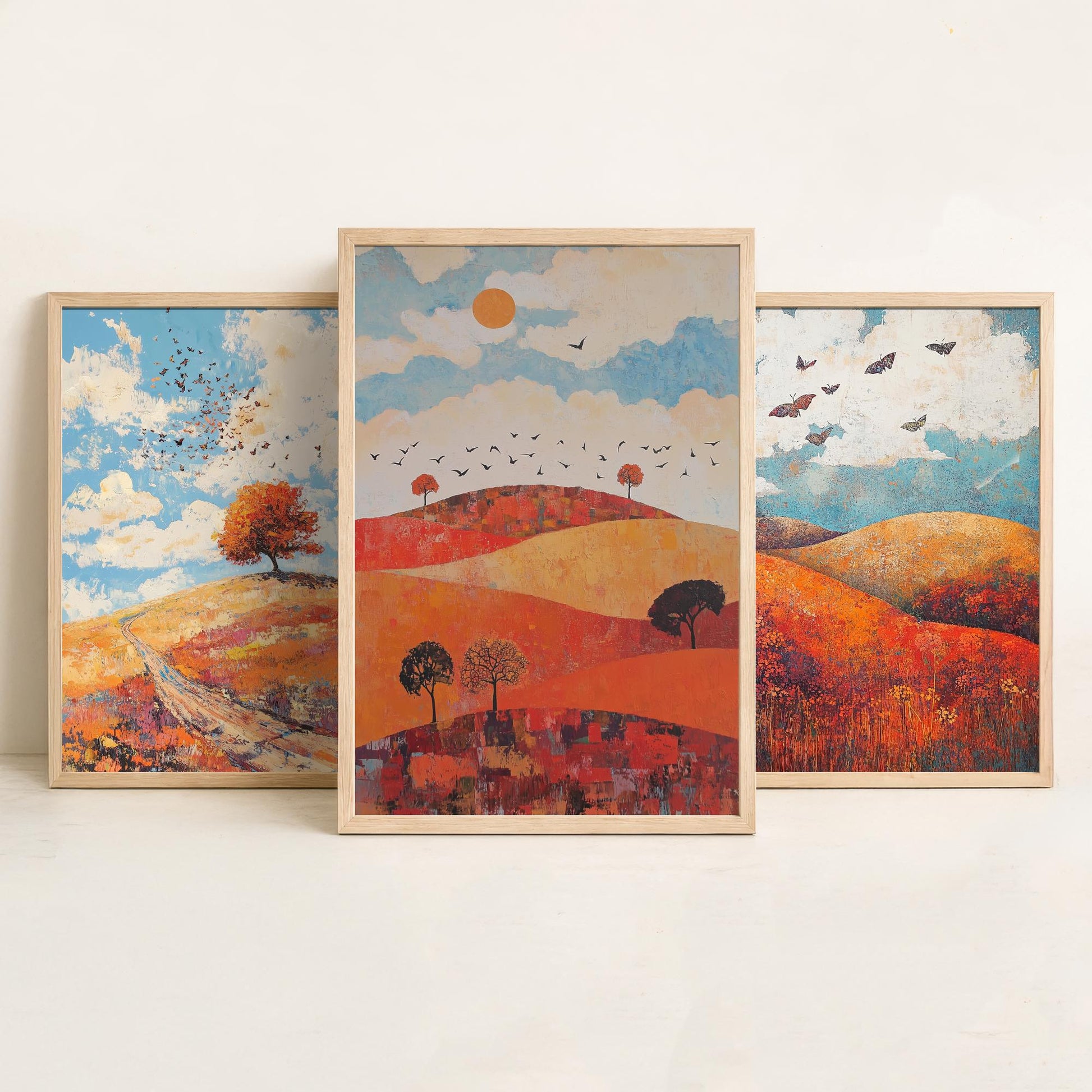 Rolling Hills Butterfly Set of Three Art Prints - Carnelian Azure and Ash - Folk Meadow Poster Illustration Gift