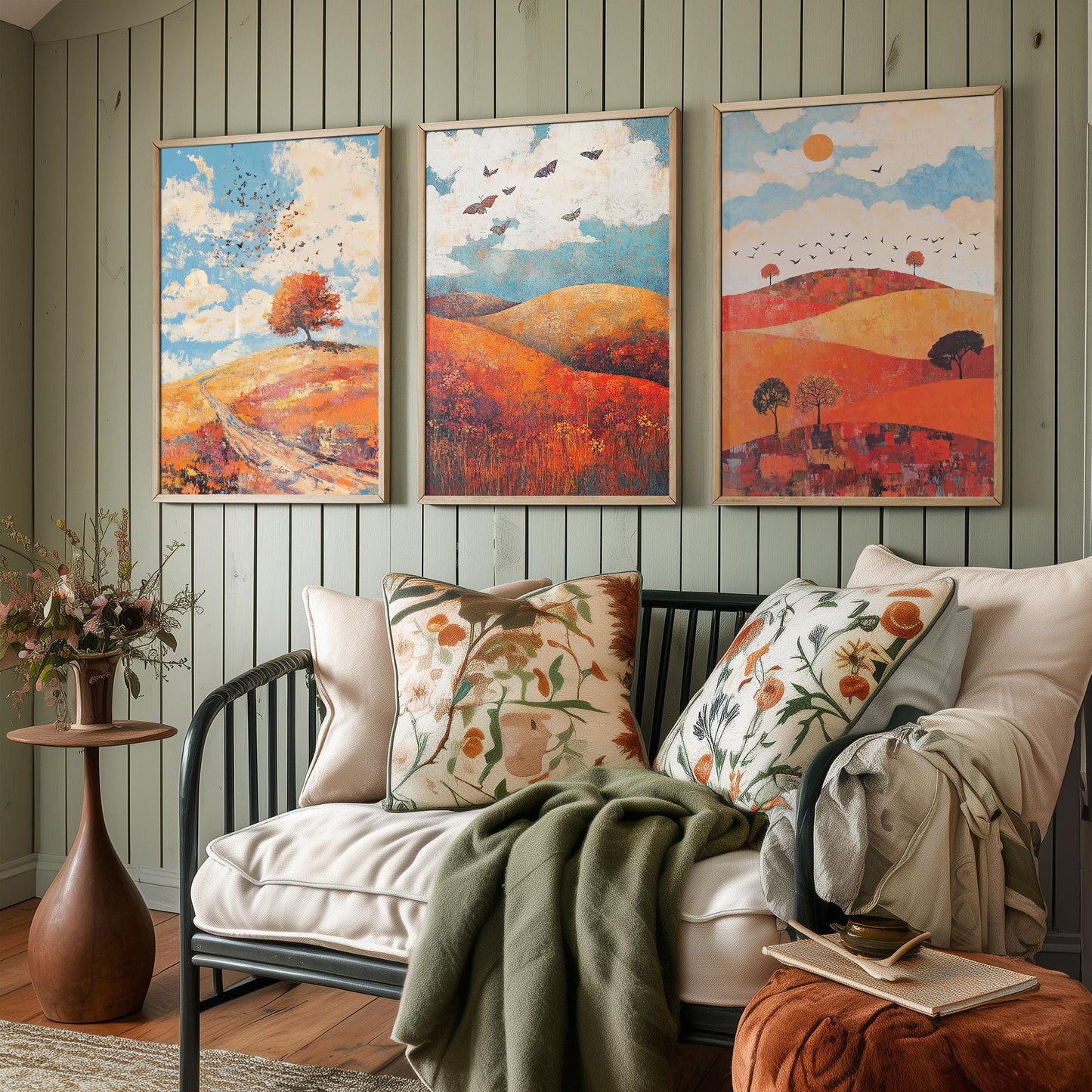 Rolling Hills Butterfly Set of Three Art Prints - Carnelian Azure and Ash - Folk Meadow Poster Illustration Gift