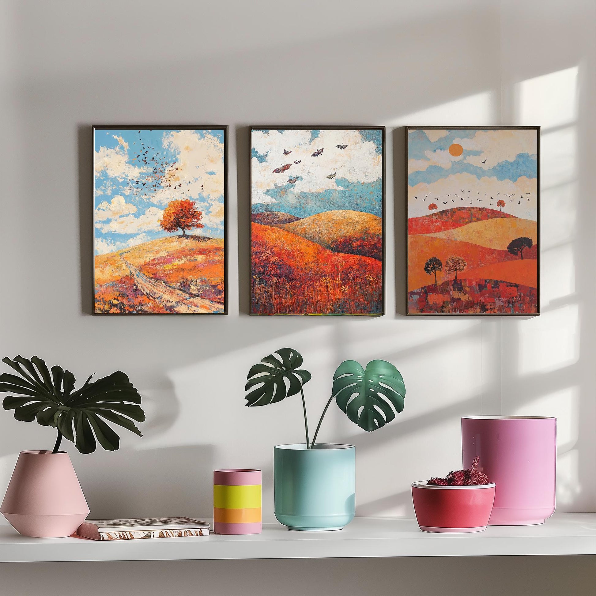 Rolling Hills Butterfly Set of Three Art Prints - Carnelian Azure and Ash - Folk Meadow Poster Illustration Gift