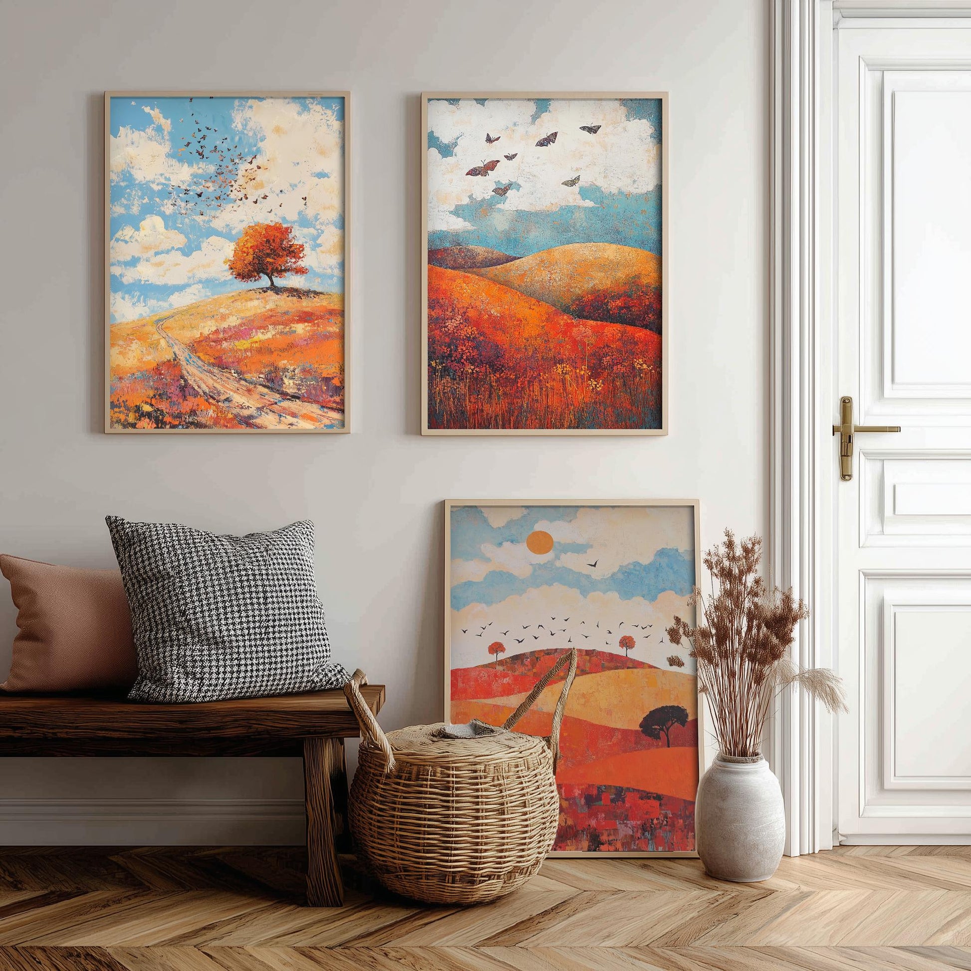 Rolling Hills Butterfly Set of Three Art Prints - Carnelian Azure and Ash - Folk Meadow Poster Illustration Gift