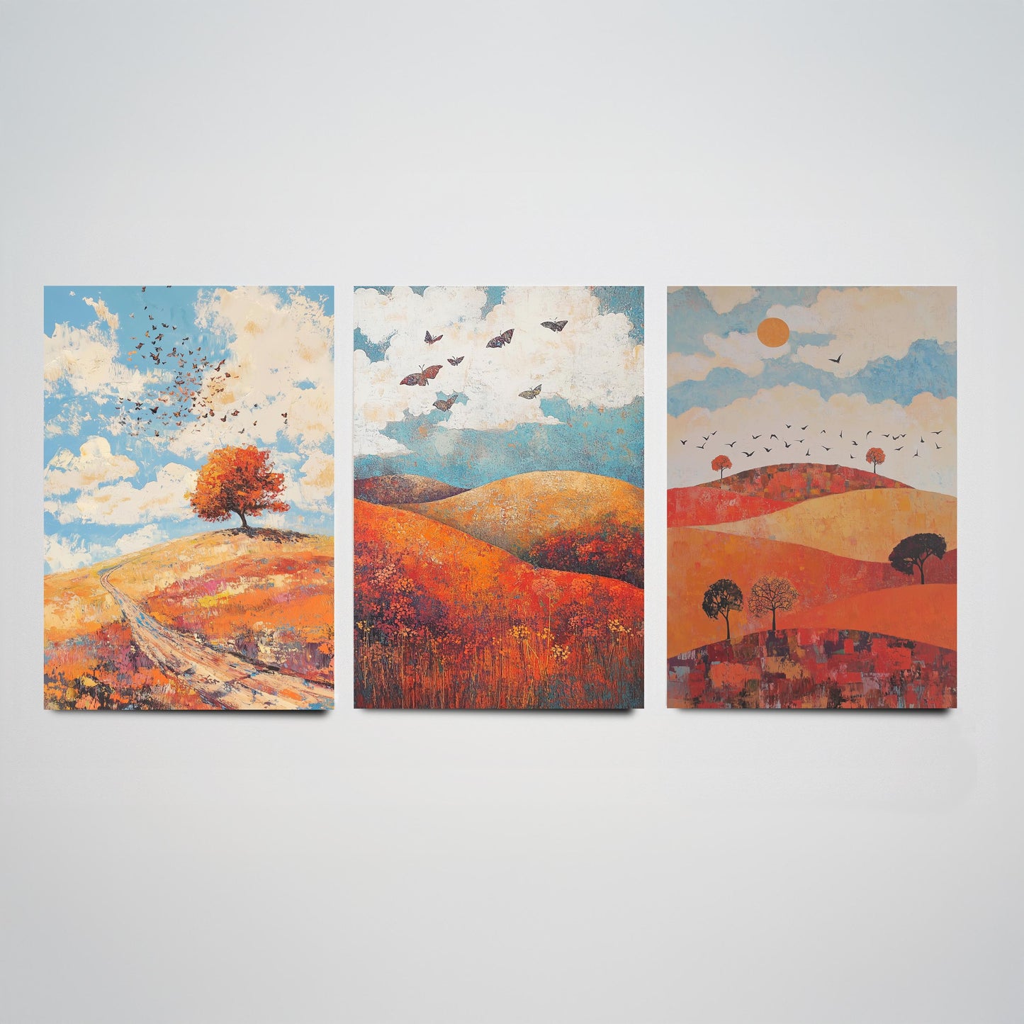 Rolling Hills Butterfly Set of Three Art Prints - Carnelian Azure and Ash - Folk Meadow Poster Illustration Gift