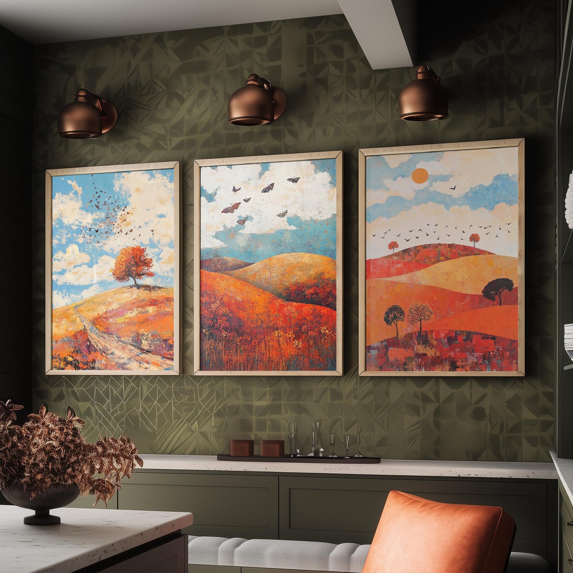 Rolling Hills Butterfly Set of Three Art Prints - Carnelian Azure and Ash - Folk Meadow Poster Illustration Gift