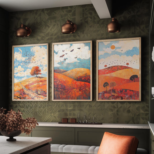 Rolling Hills Butterfly Set of Three Art Prints - Carnelian Azure and Ash - Folk Meadow Poster Illustration Gift