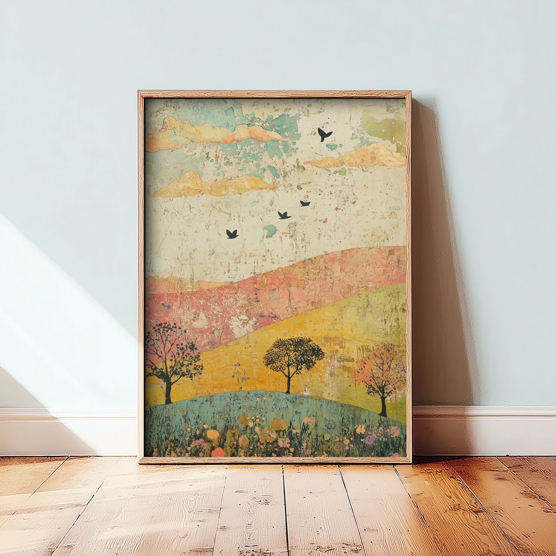 Rolling Hills Landscape Art Print - Butterfly Meadow Poster - Folk Art Painting - Celadon Ruby and Driftwood 1/3
