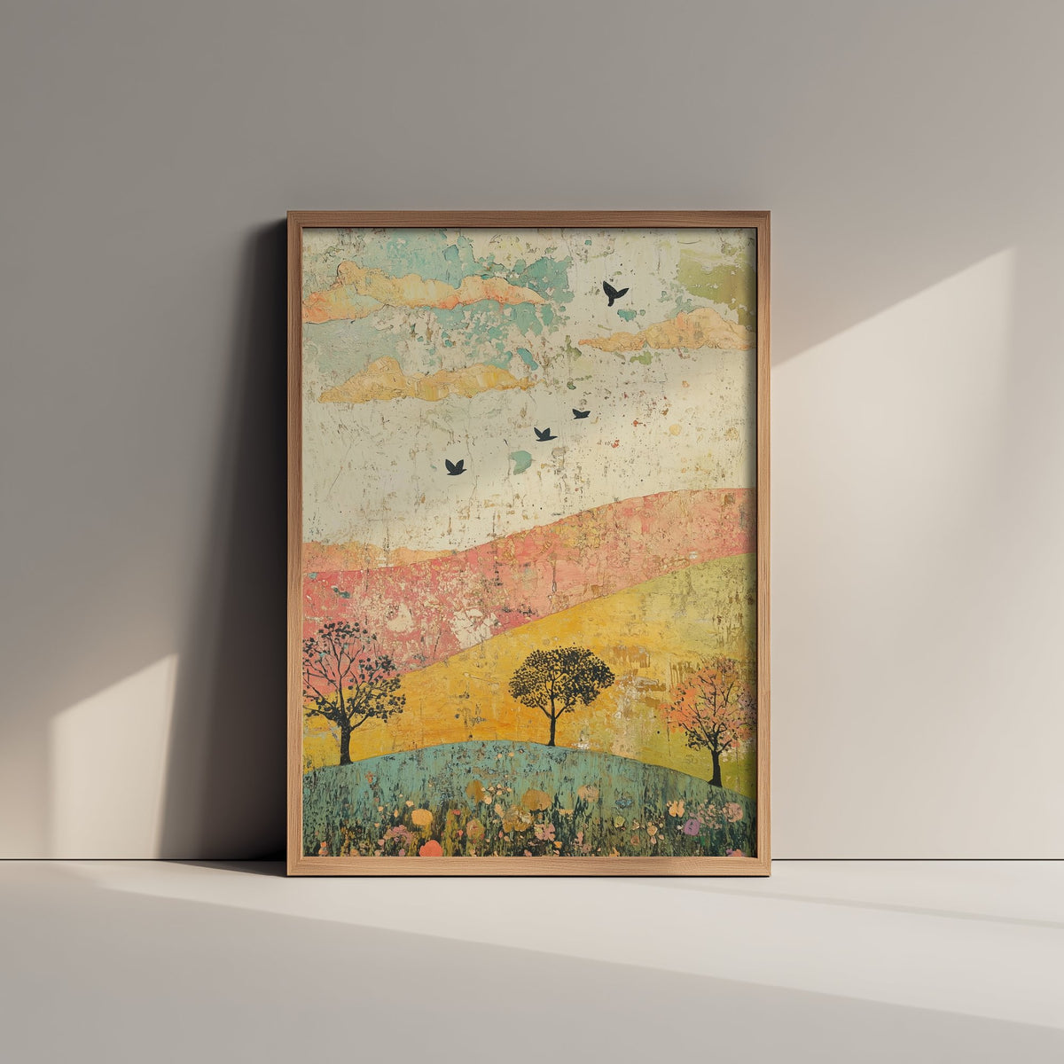 Rolling Hills Landscape Art Print - Butterfly Meadow Poster - Folk Art Painting - Celadon Ruby and Driftwood 1/3