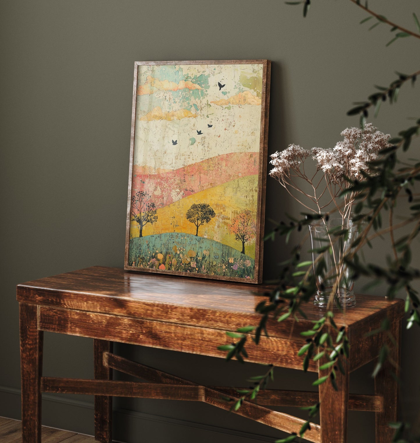 Rolling Hills Landscape Art Print - Butterfly Meadow Poster - Folk Art Painting - Celadon Ruby and Driftwood 1/3
