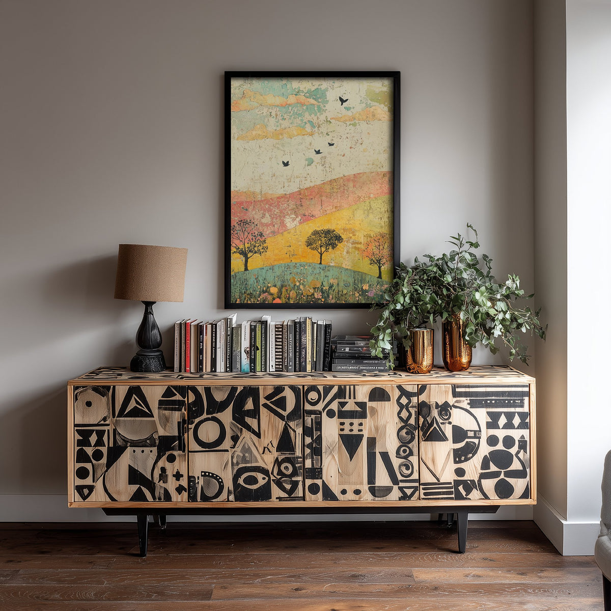 Rolling Hills Landscape Art Print - Butterfly Meadow Poster - Folk Art Painting - Celadon Ruby and Driftwood 1/3