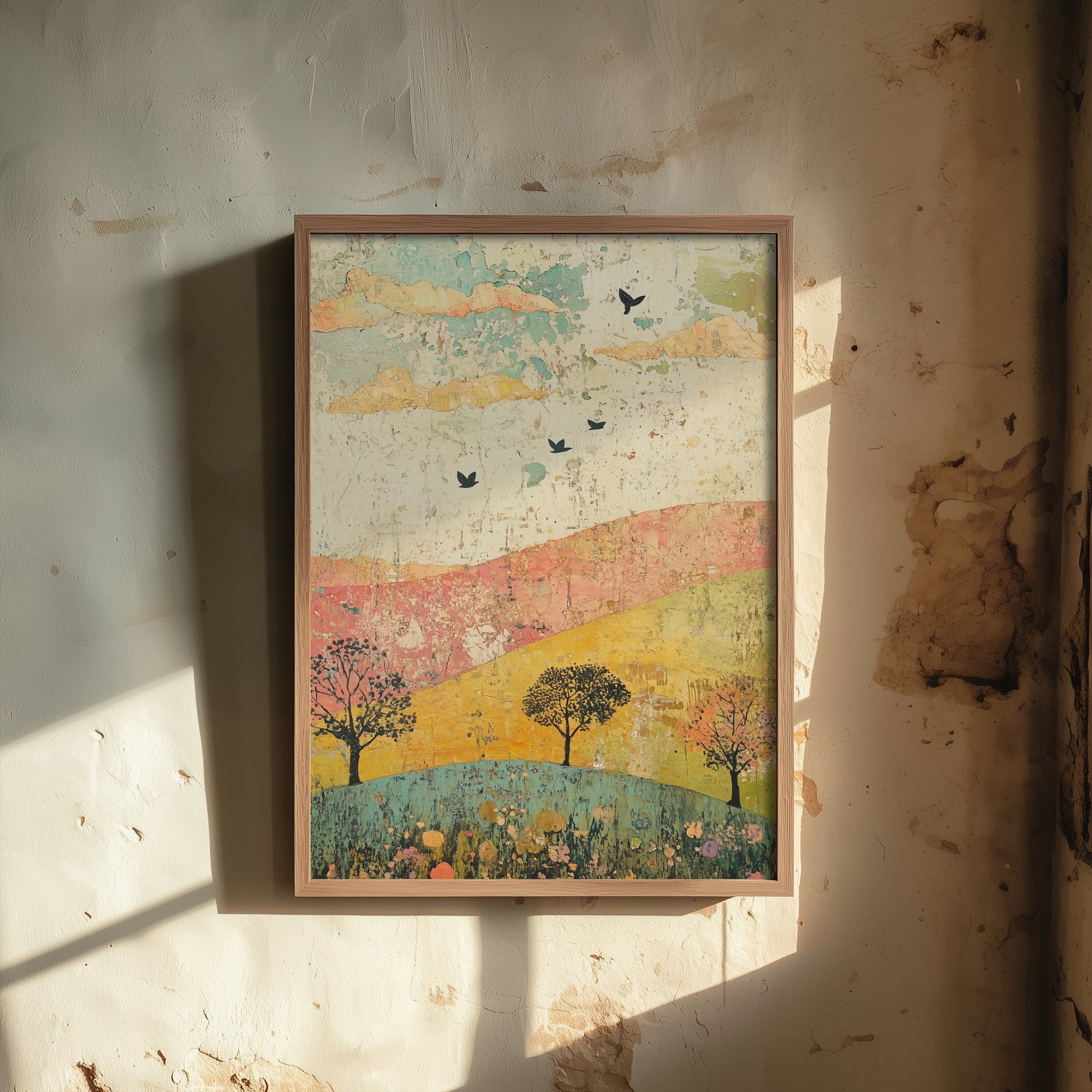 Rolling Hills Landscape Art Print - Butterfly Meadow Poster - Folk Art Painting - Celadon Ruby and Driftwood 1/3
