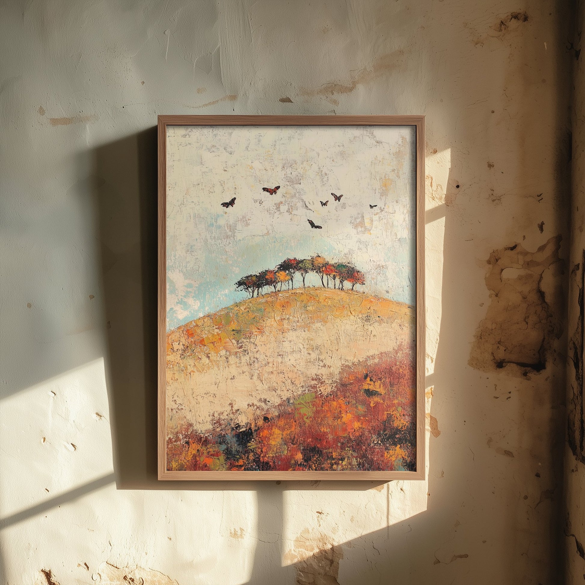 Rolling Hills Landscape Art Print - Butterfly Meadow Poster - Folk Art Painting - Celadon Ruby and Driftwood 2/3