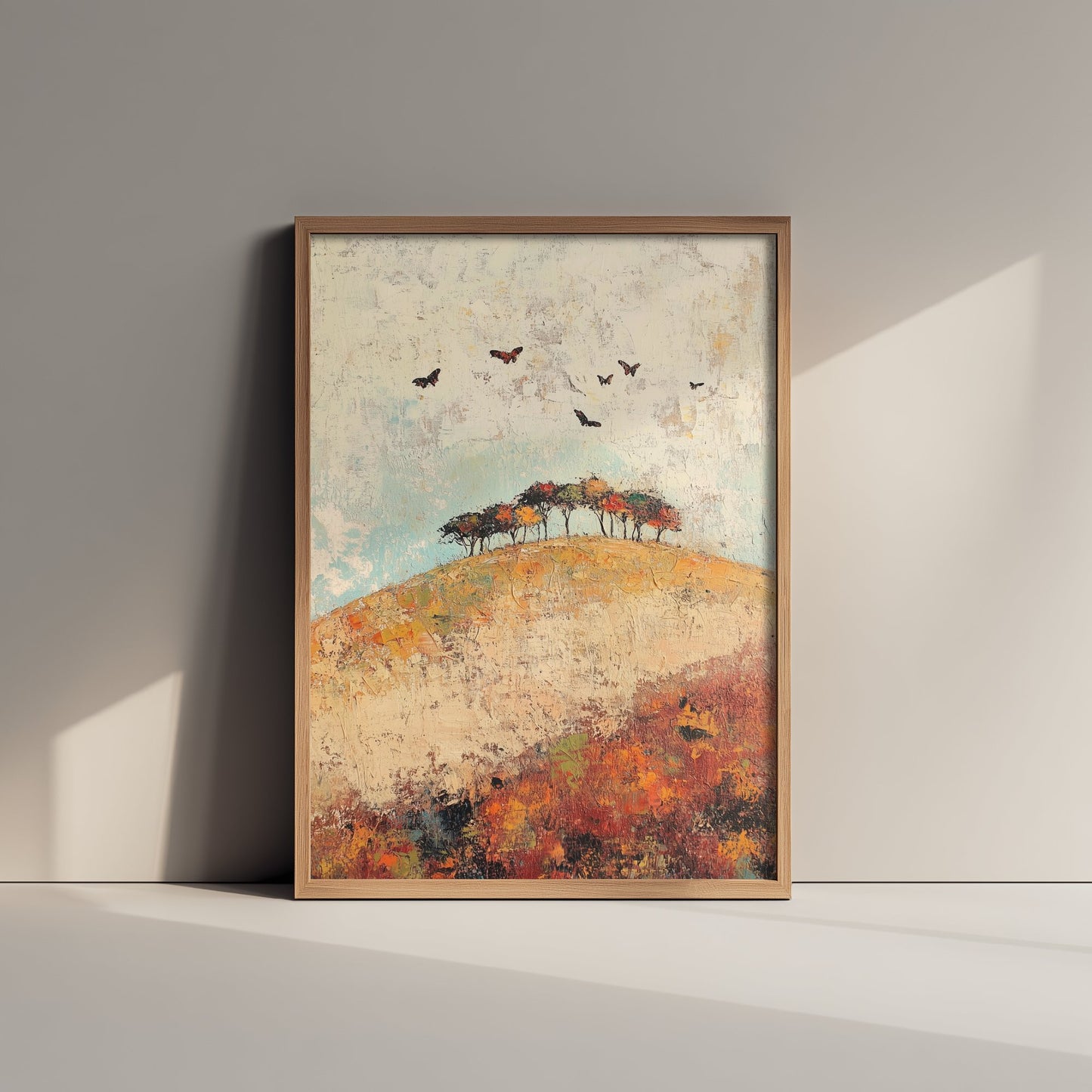 Rolling Hills Landscape Art Print - Butterfly Meadow Poster - Folk Art Painting - Celadon Ruby and Driftwood 2/3