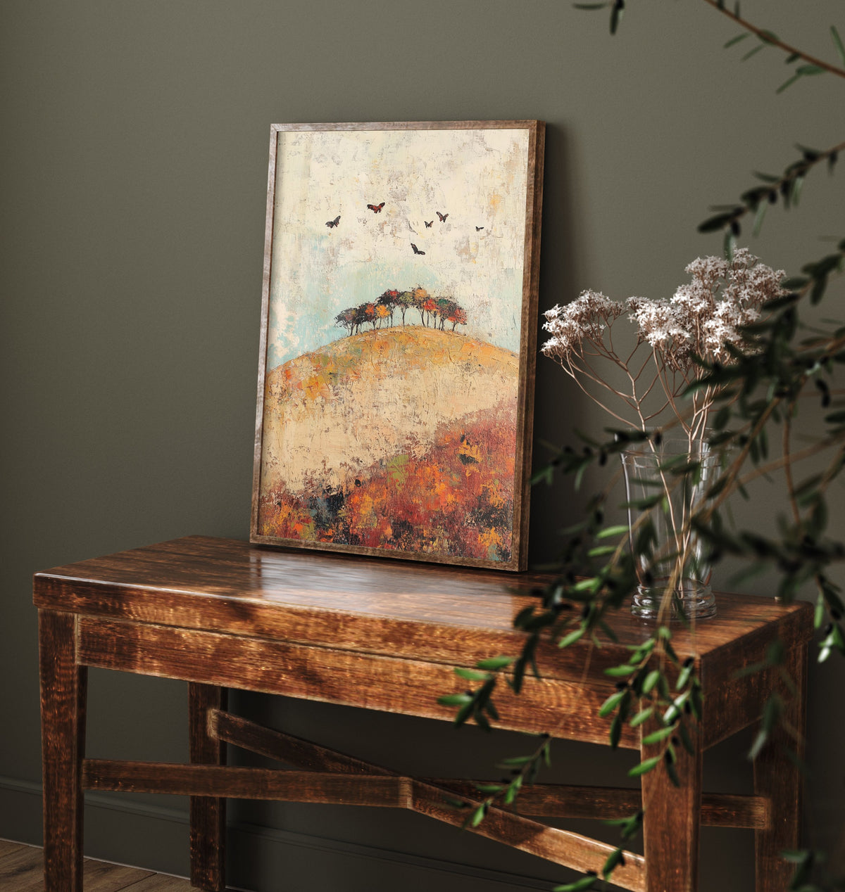 Rolling Hills Landscape Art Print - Butterfly Meadow Poster - Folk Art Painting - Celadon Ruby and Driftwood 2/3