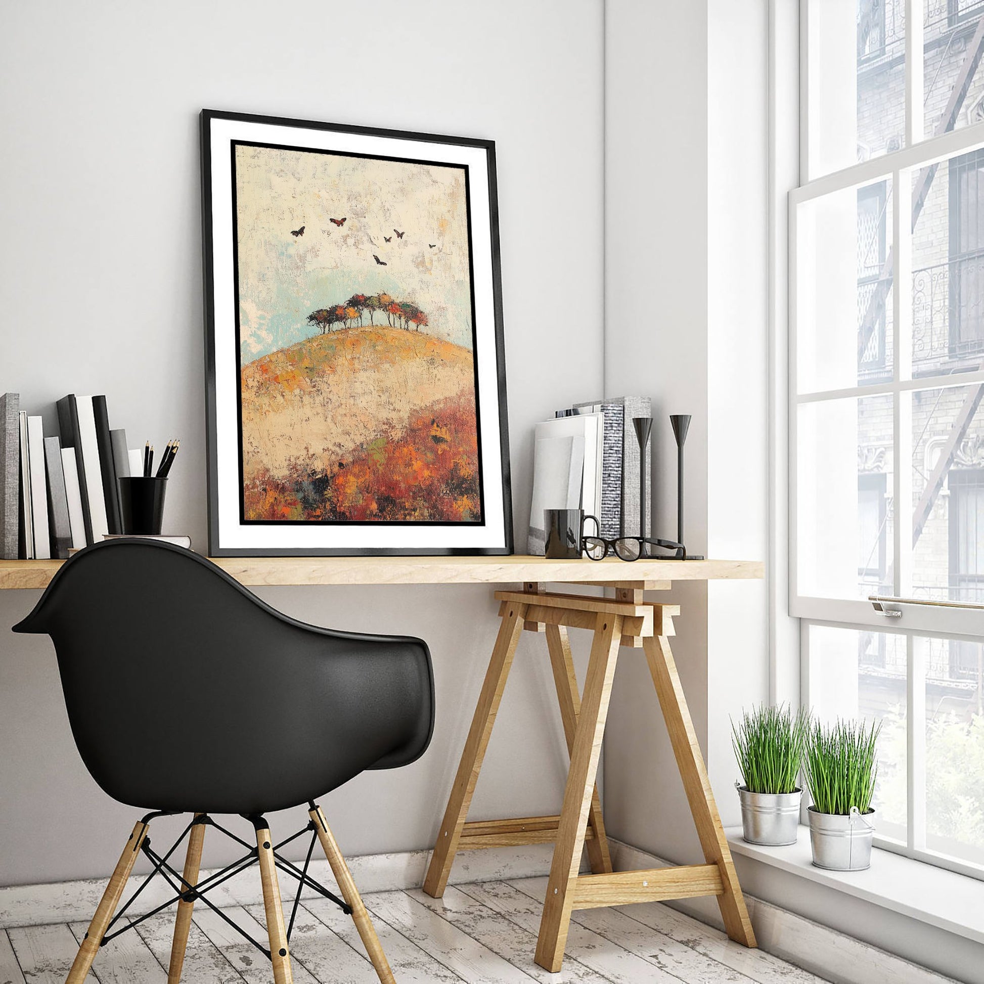 Rolling Hills Landscape Art Print - Butterfly Meadow Poster - Folk Art Painting - Celadon Ruby and Driftwood 2/3