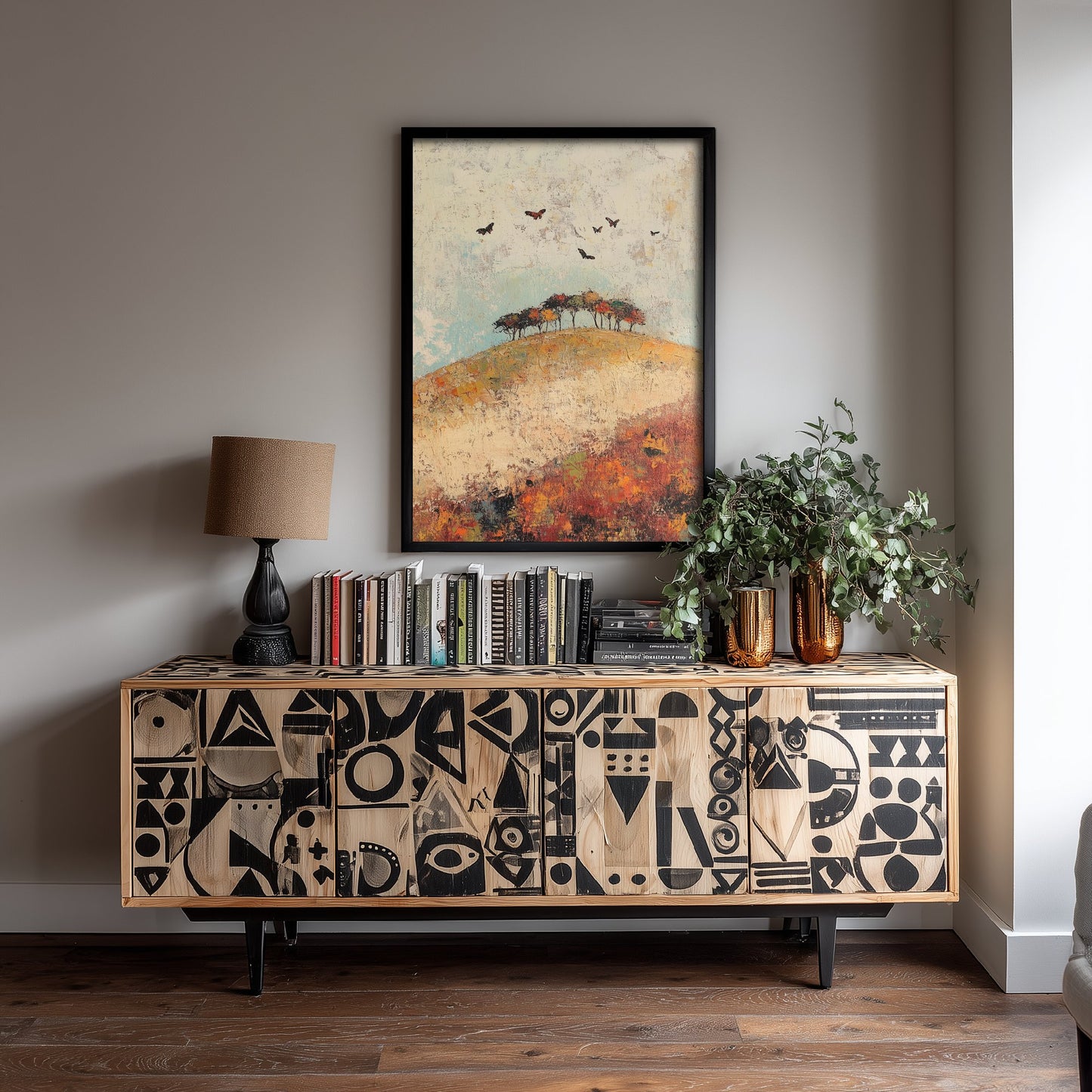 Rolling Hills Landscape Art Print - Butterfly Meadow Poster - Folk Art Painting - Celadon Ruby and Driftwood 2/3