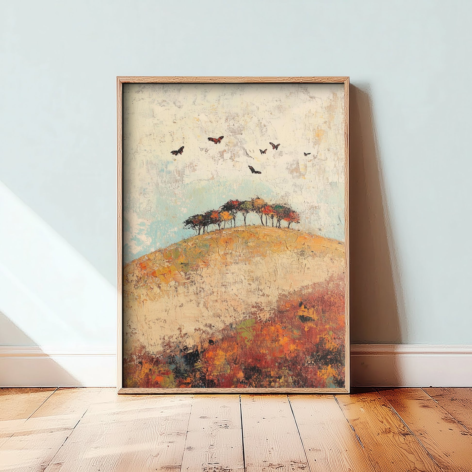 Rolling Hills Landscape Art Print - Butterfly Meadow Poster - Folk Art Painting - Celadon Ruby and Driftwood 2/3