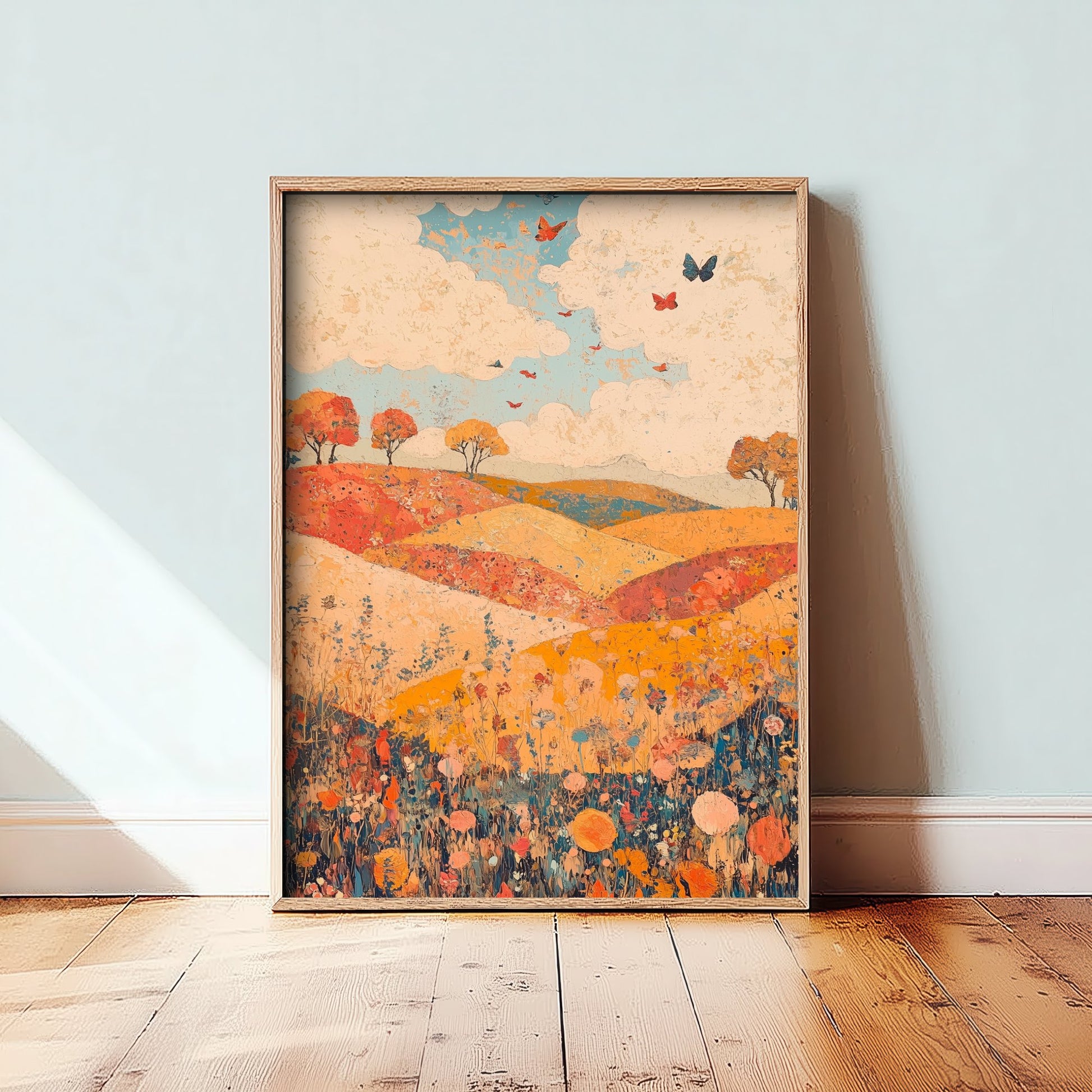 Rolling Hills Landscape Art Print - Butterfly Meadow Poster - Folk Art Painting - Celadon Ruby and Driftwood 3/3