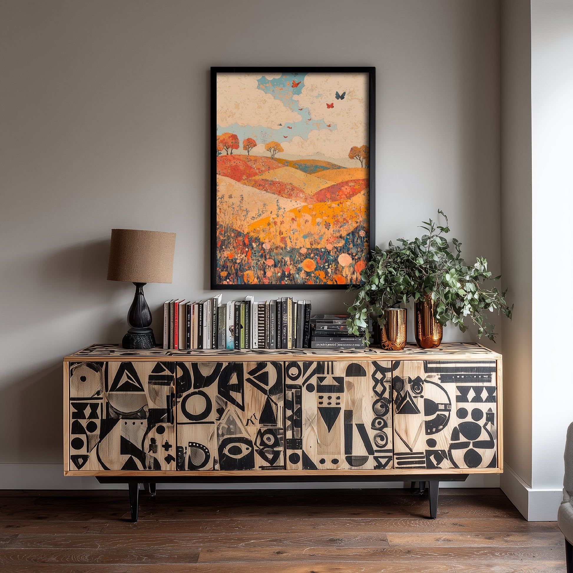 Rolling Hills Landscape Art Print - Butterfly Meadow Poster - Folk Art Painting - Celadon Ruby and Driftwood 3/3